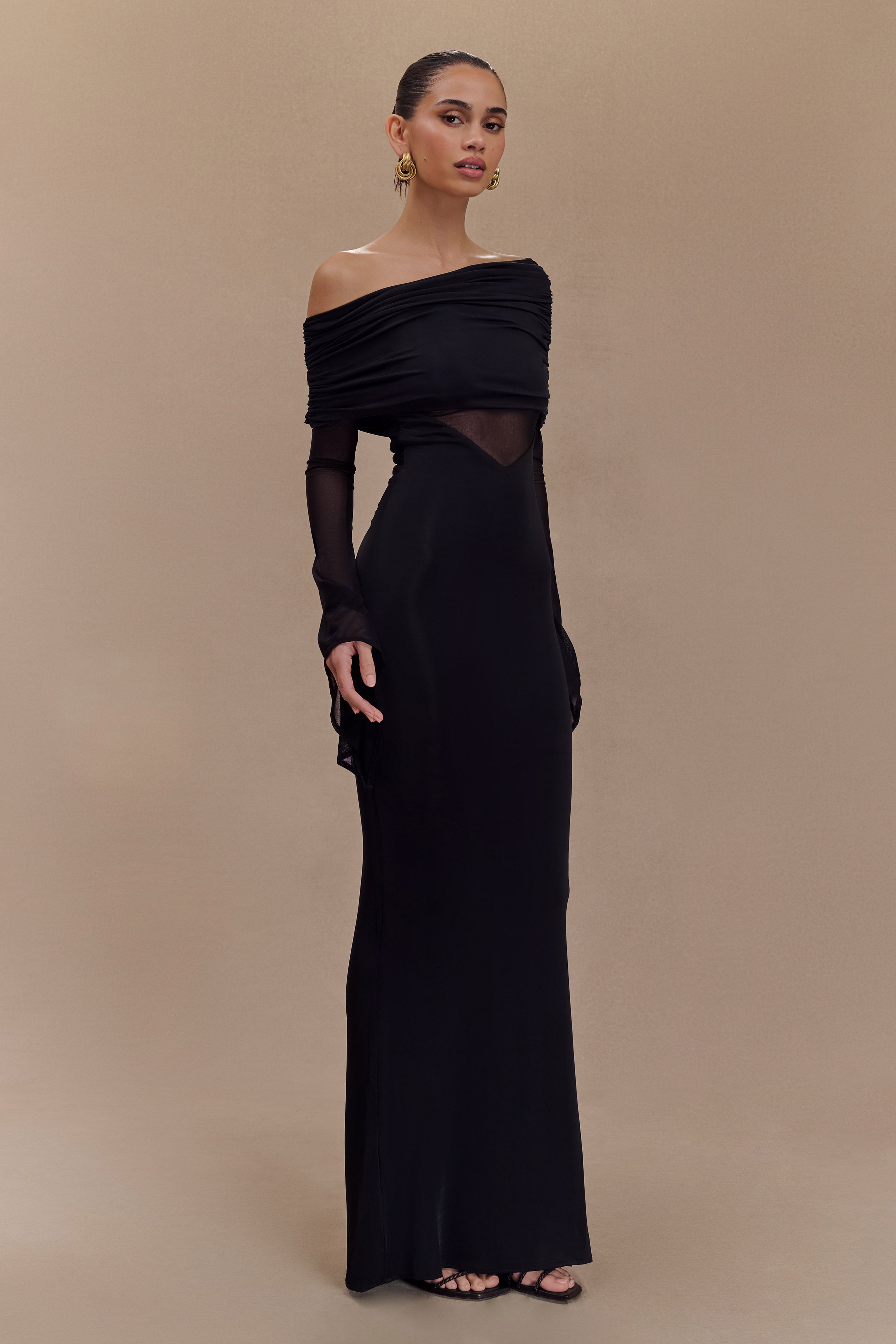 Kaitlin One Shoulder Slinky And Mesh Maxi Dress - Black、mySite、solidvoid