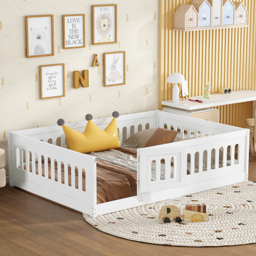 Twin Size Floor Bed with Heightened Safety Guardrails and Door, Solid Wood Bedframe with Rails for Girls, Boys, Teens, Child Bedroom, Kids Playroom, No Slats Included, White、、casual