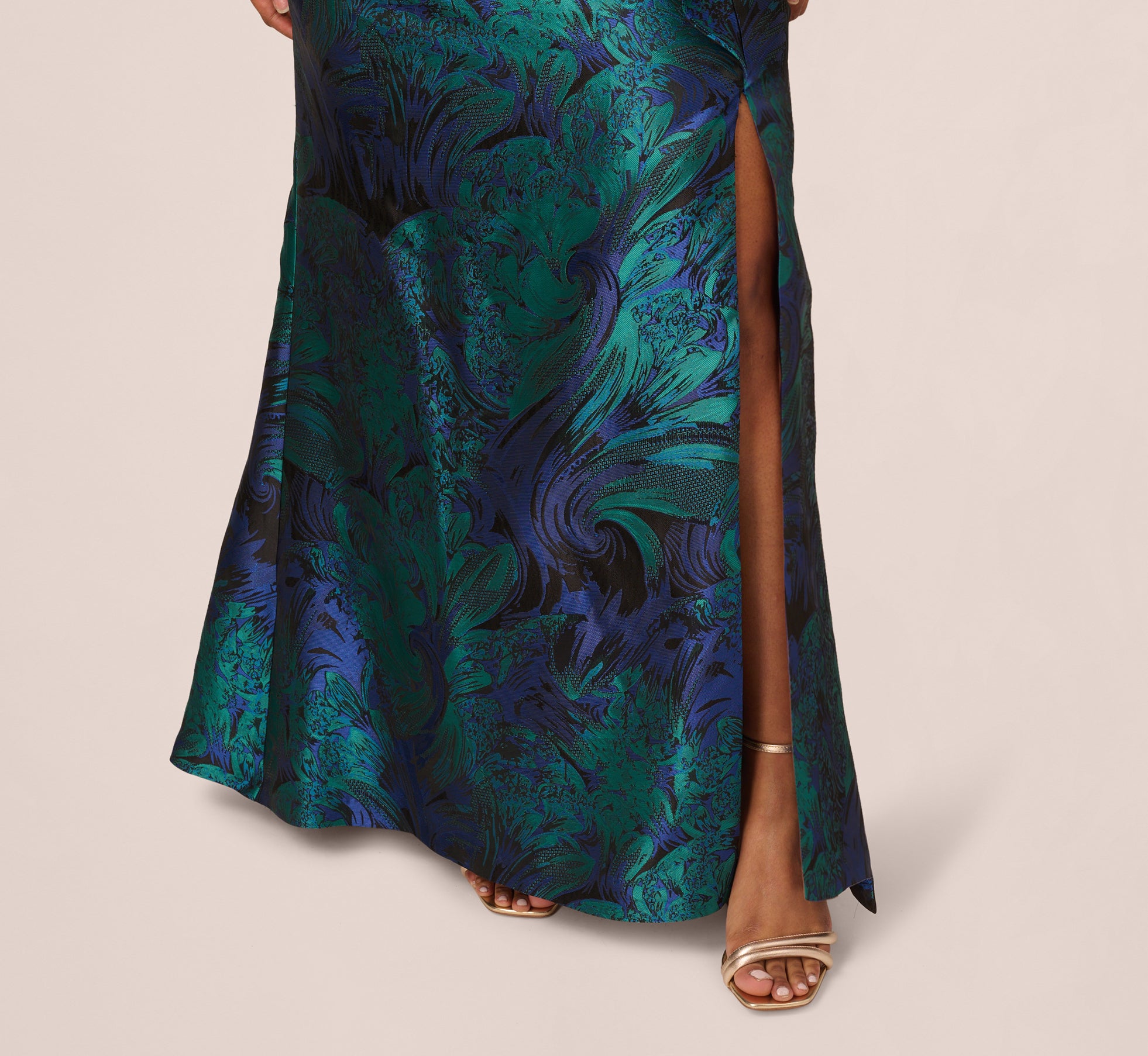 Plus Size One Shoulder Jacquard Mermaid Gown With Drape Detail In Cobalt Teal、mySite、solidvoid