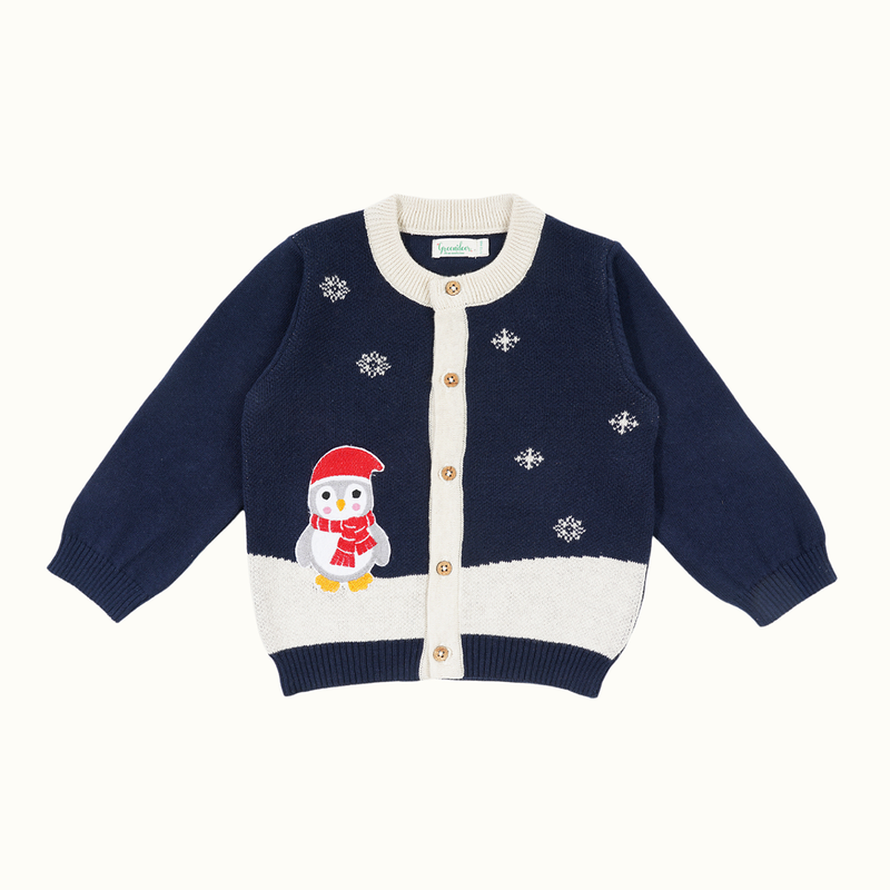 Cotton Jacquard Sweater, Lower & Cap Set | Penguine Printed | Navy Blue & Pink | Set of 3、mySite、camillekostekn