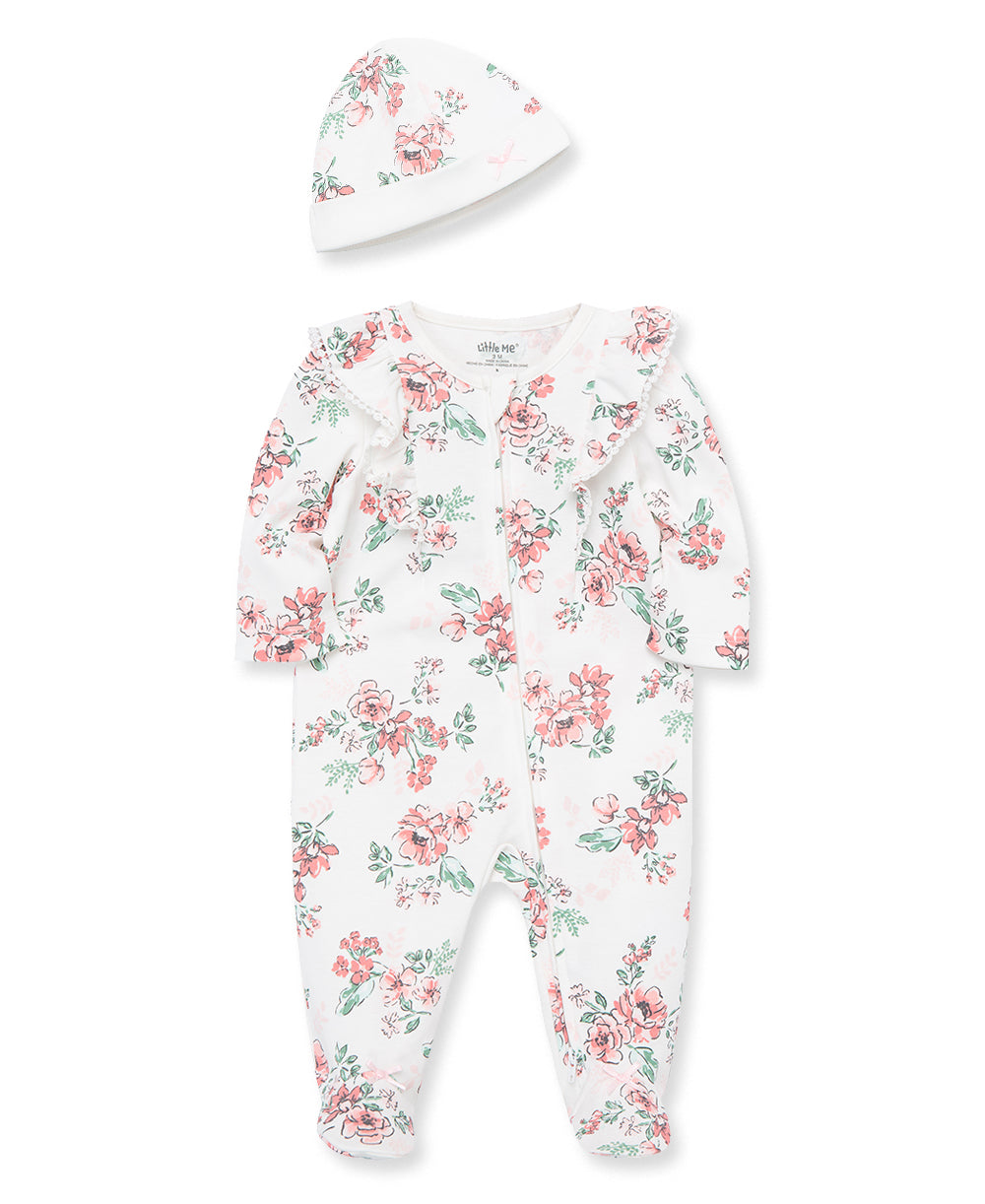  Whimsical Floral 2-Way-Zip Footed One-Piece And Hat、mySite、layawaytickets