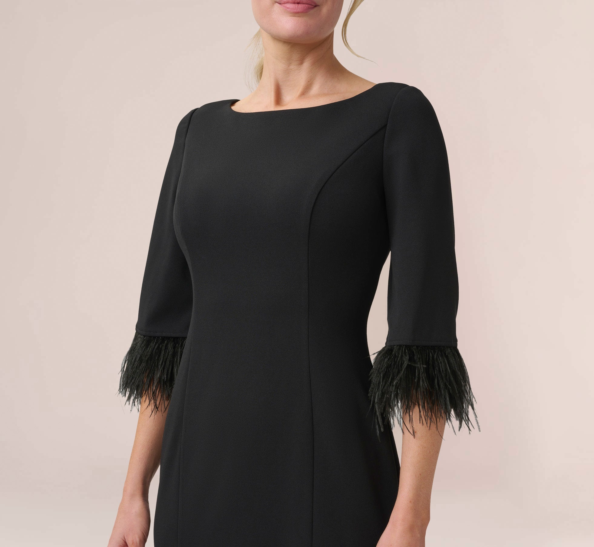 Crepe Sheath Dress With V-Back And Feather-Trim Sleeves In Black、mySite、solidvoid