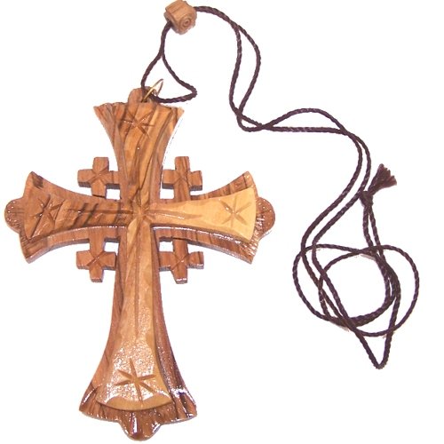  Large Grade A olive wood Jerusalem Cross necklace (4 inches - Cord can be adjusted)、mySite、elrpsem3k