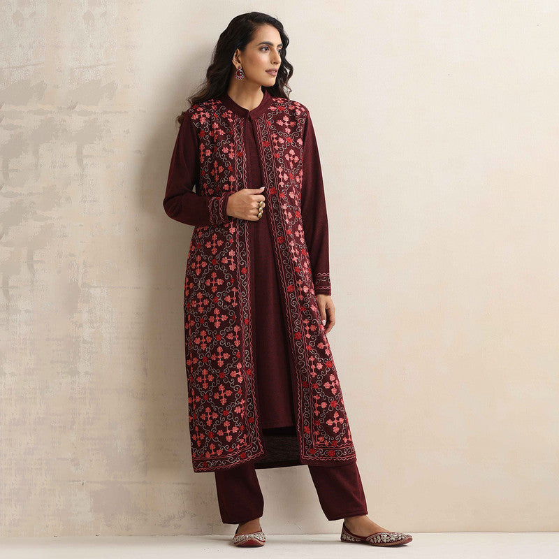 Woolen Kurta Set For Women | Kurta, Pyjama & Jacket | Embroidered | Purple、mySite、camillekostekn