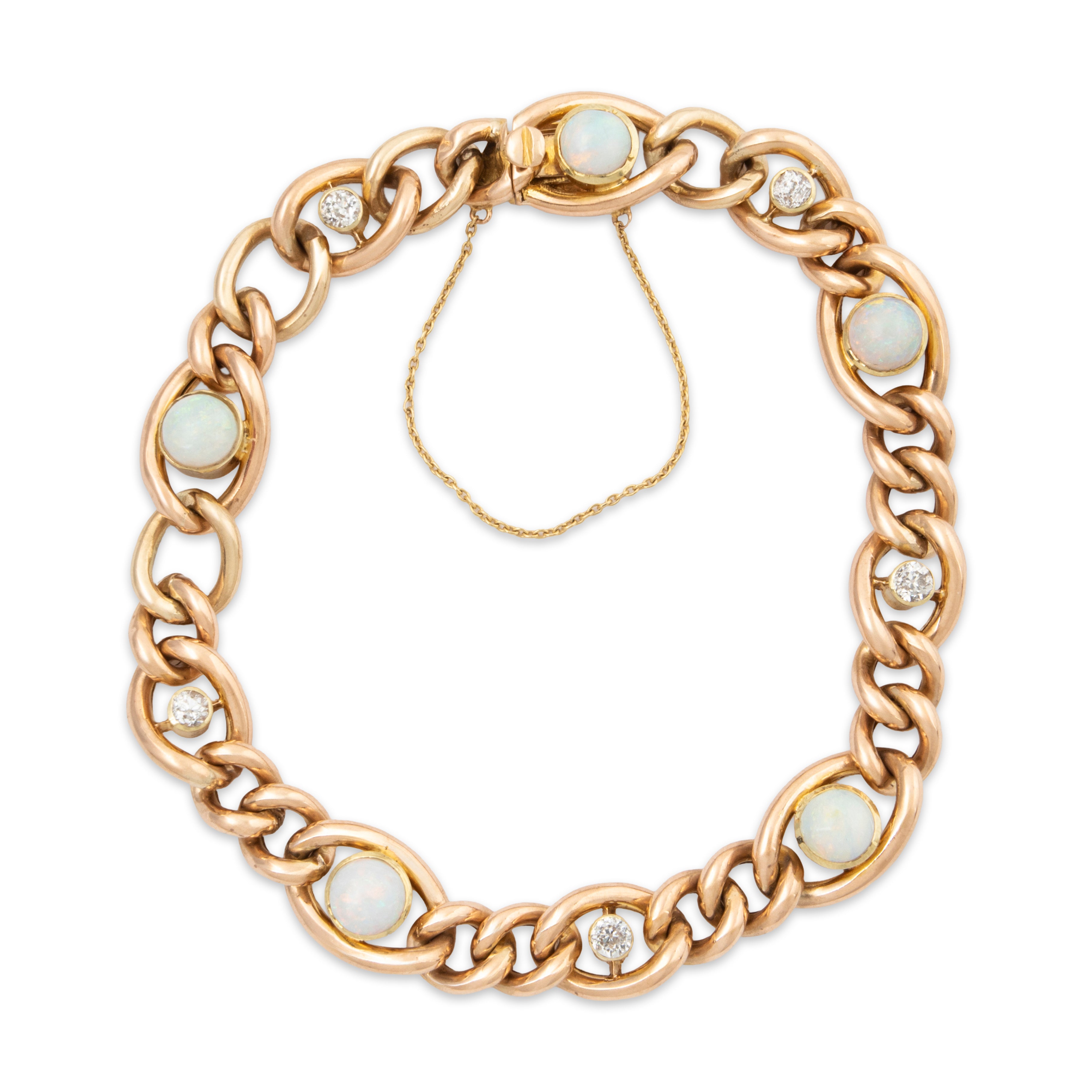 Antique European 15k Yellow Gold 2cttw Opal Old Mine Diamond Station Bracelet 6.75、mySite、hinf8tx79