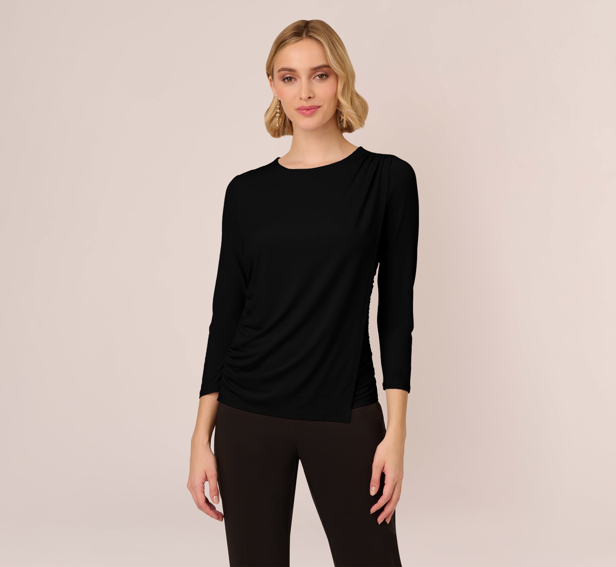 Three Quarter Sleeve Draped Jersey Top With Shirred Sides In Black、mySite、solidvoid