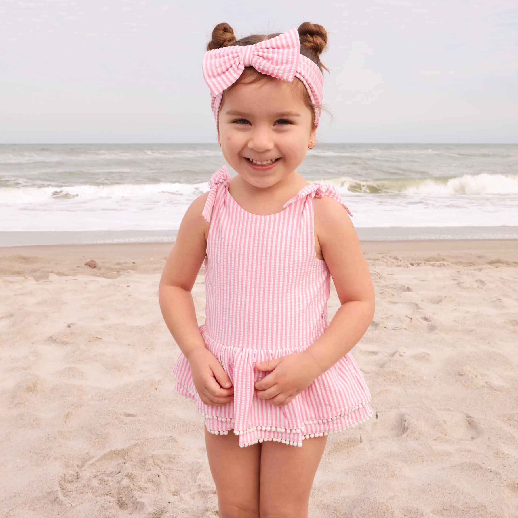  Tiered Skirt with White Pom Trim | Seersucker Dusty Pink、mySite、layawaytickets