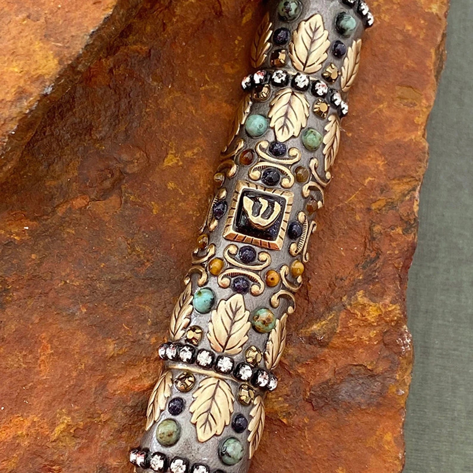 Golden Leaves Gemstones Mezuzah by Michal Golan、mySite、topwebapps