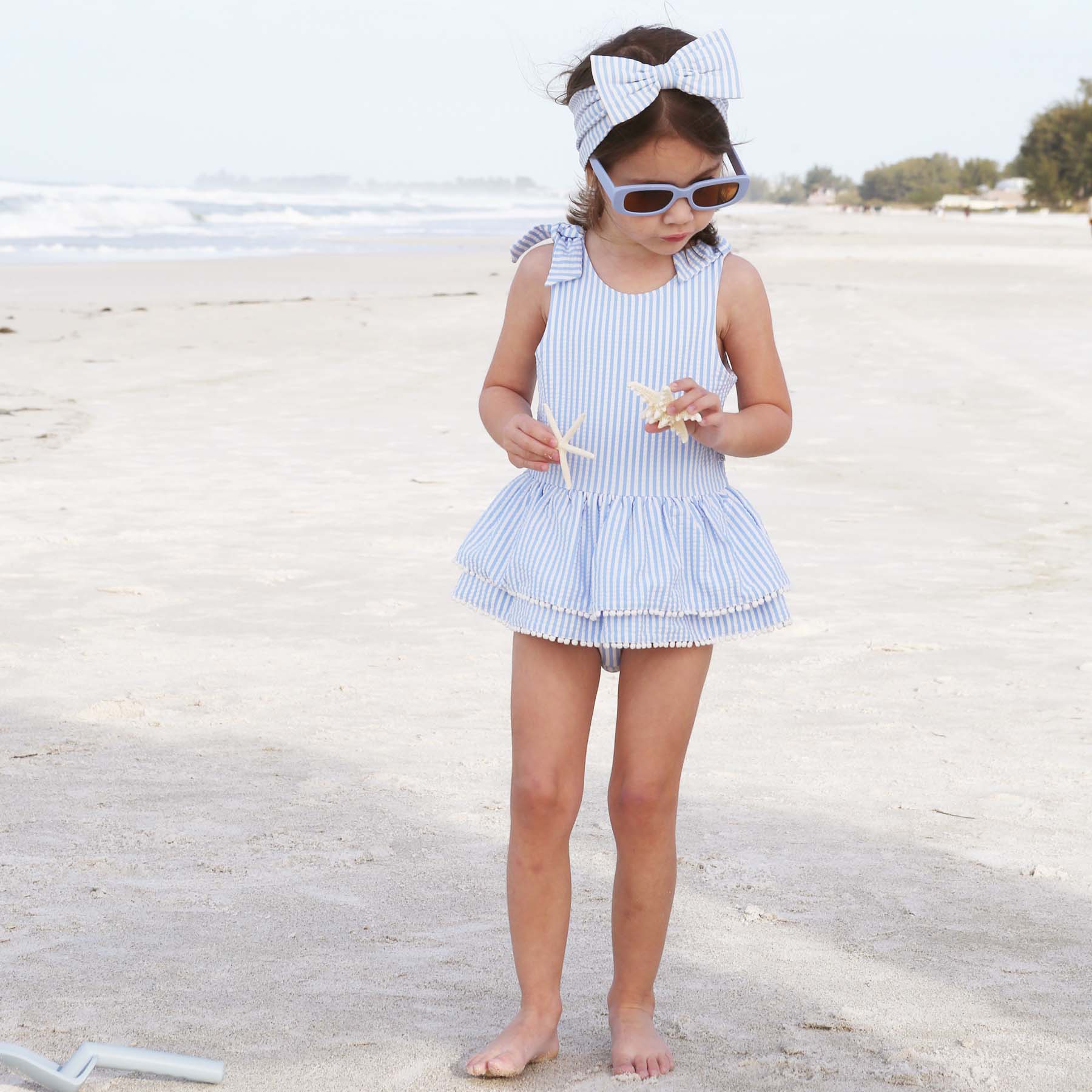  Tiered Skirt with White Pom Trim | Seersucker Blue、mySite、layawaytickets