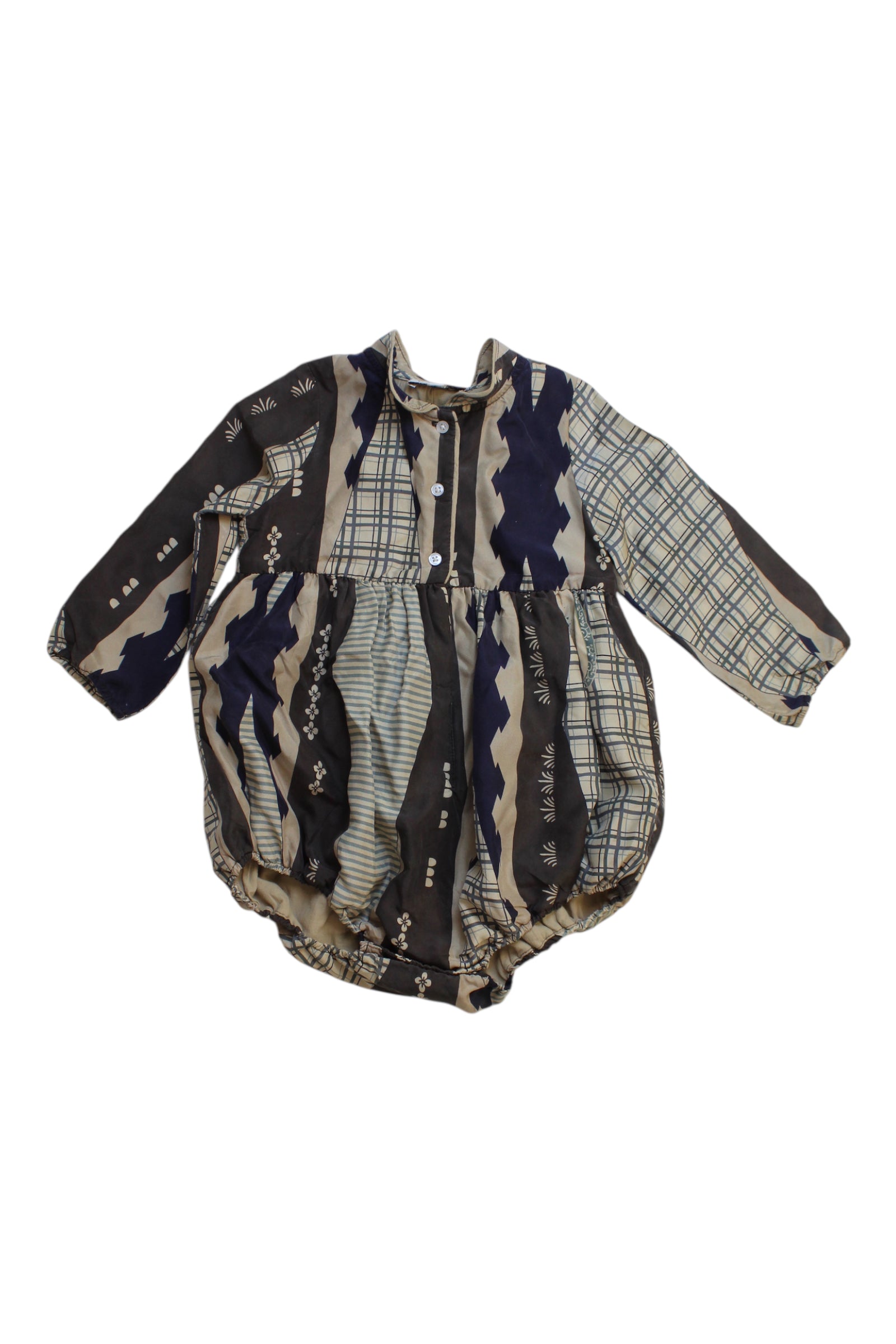 Caramel Patchwork Long Sleeve Romper - 12-18M、mySite、g9winljtr