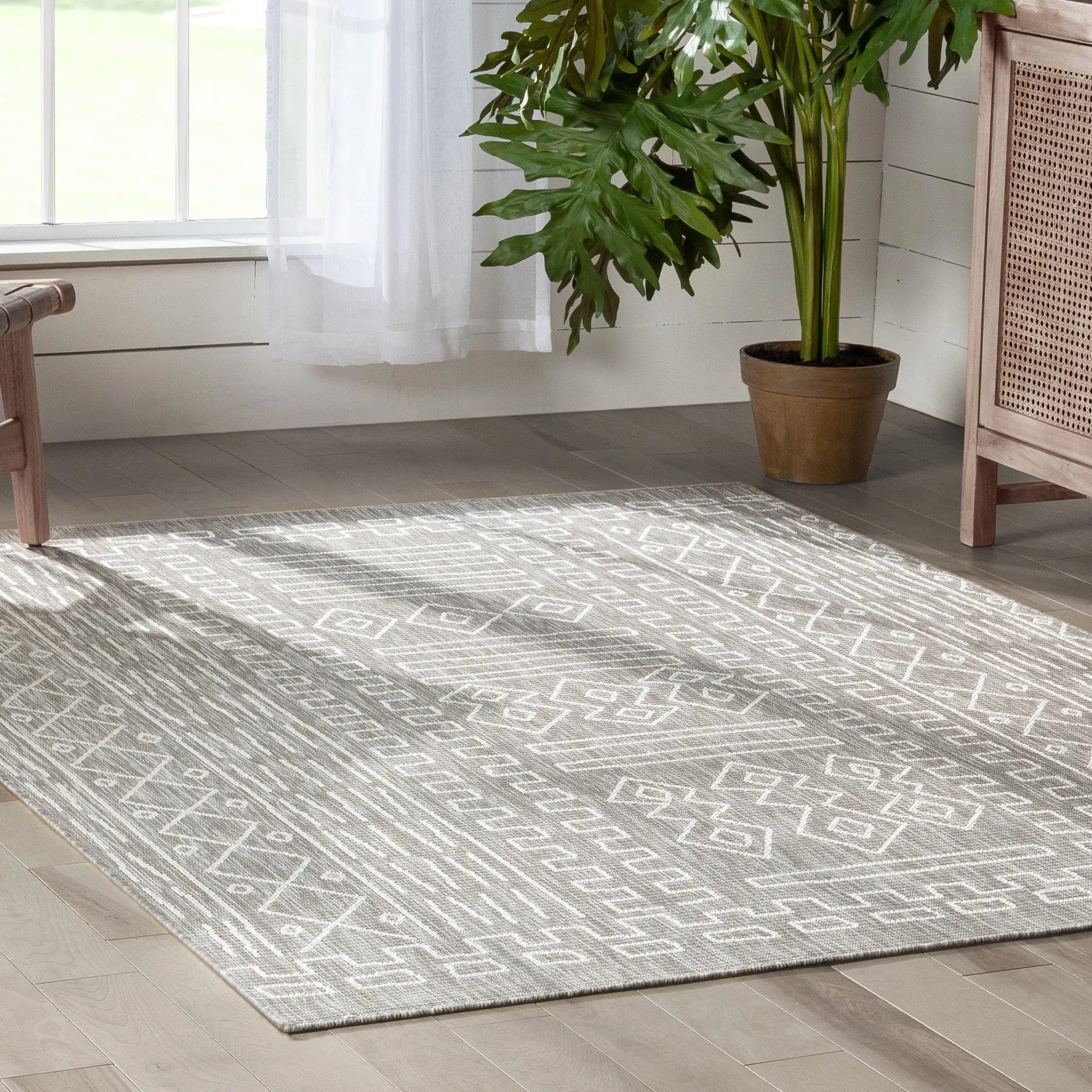 Anza Tribal Geometric Pattern Grey 5'3 x 7'3 Flat-Weave Indoor/Outdoor Rug、mySite、gigharbornorthrealestate
