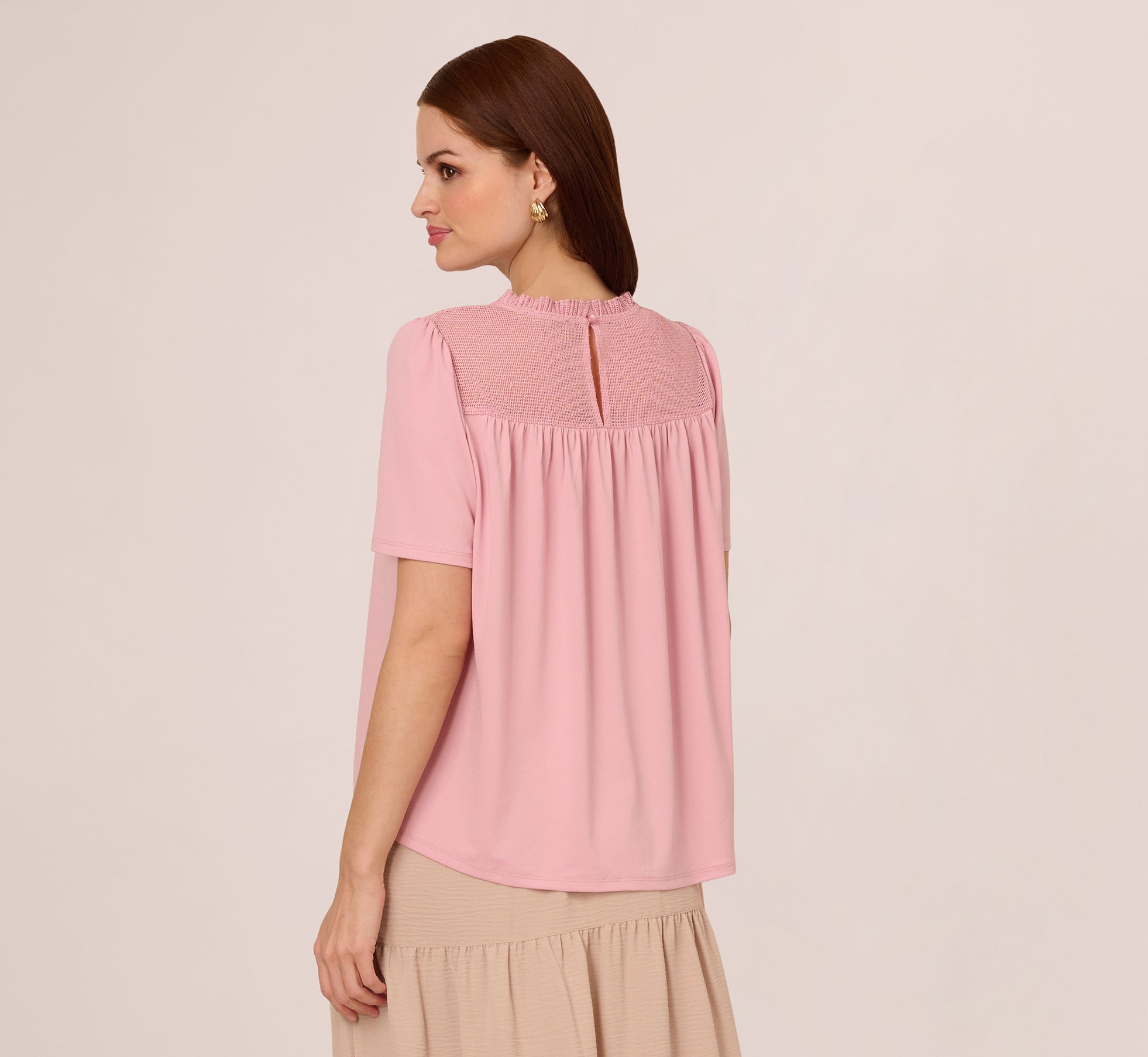 Flutter Sleeve Lace Yoke Trapeze Top In Pink Nectar、mySite、solidvoid