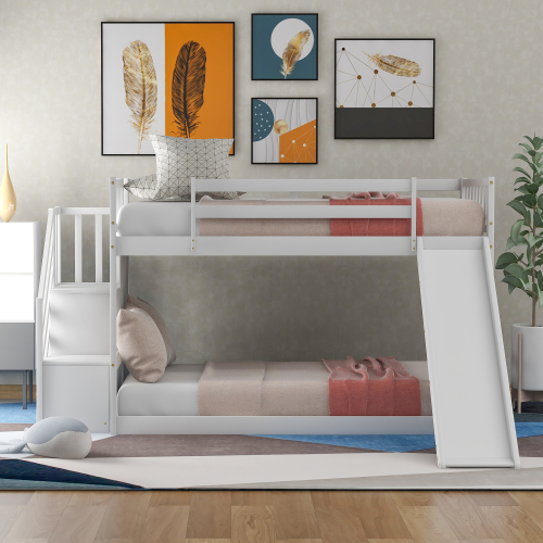 Twin over Twin Bunk Bed with Convertible Slide and Stairway, Gray、、casual