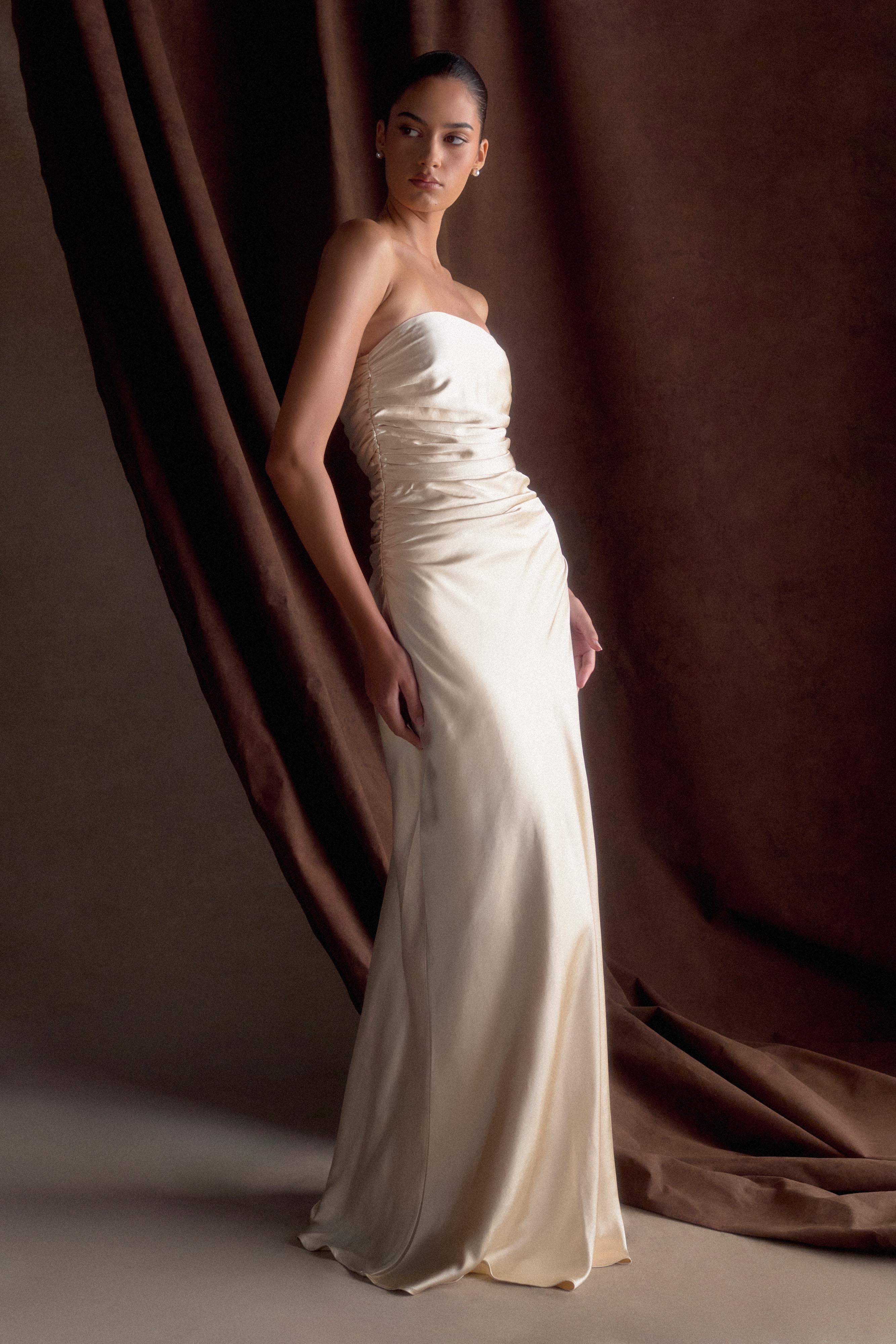 Cedar Strapless Satin Maxi Dress - Blush Gold、mySite、solidvoid