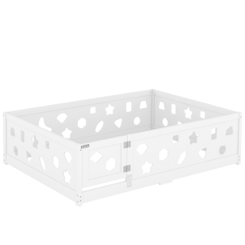 Twin Size Floor Bed with Heightened Safety Guardrails and Door, Solid Wood Bedframe with Rails for Girls, Boys, Teens, Child Bedroom, Kids Playroom, No Slats Included, White、、casual