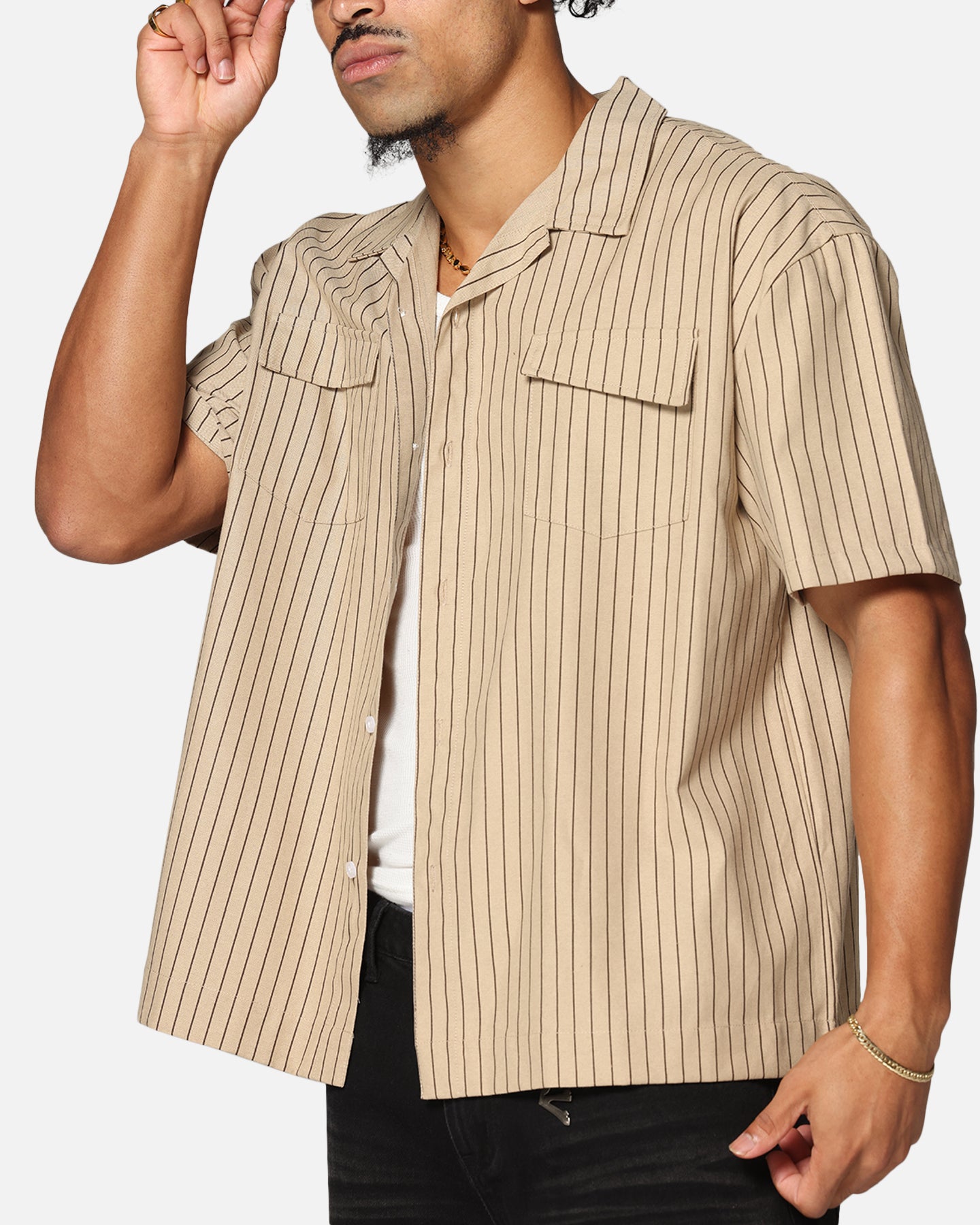 Saint Morta Gothic Pinstripe Button Up Shirt Tan、mySite、zt4zffjzw