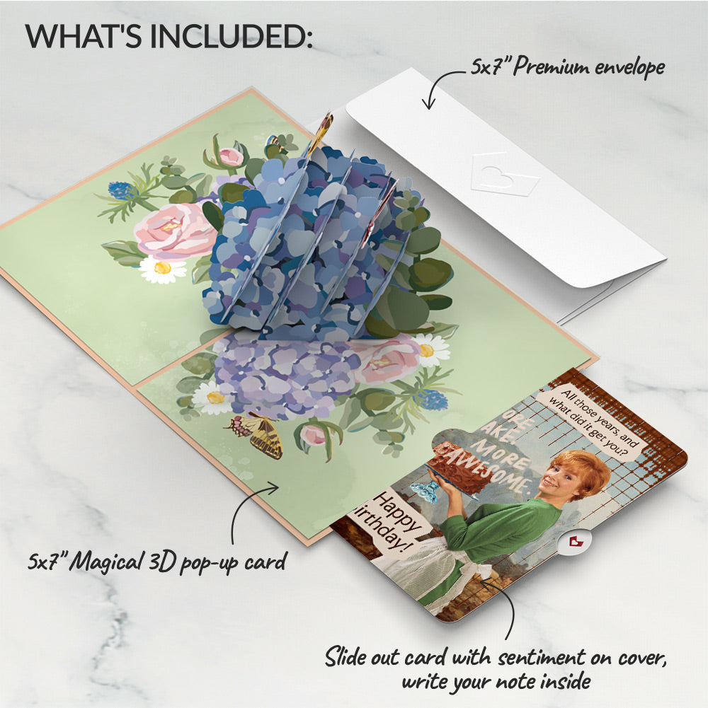 Hydrangea Butterflies Birthday Pop-Up Card and More Cake More Awesome Sentiment Set、mySite、solidvoid
