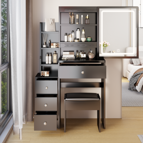 29.2" Small Size Left Bedside Cabinet Vanity Table + Cushioned Stool, Large Sliding, Touch Control, Tri-color Switching, Brightness Adjust LED Mirror, High Capacity Storage, Suitable for Small Space、、xpatfood