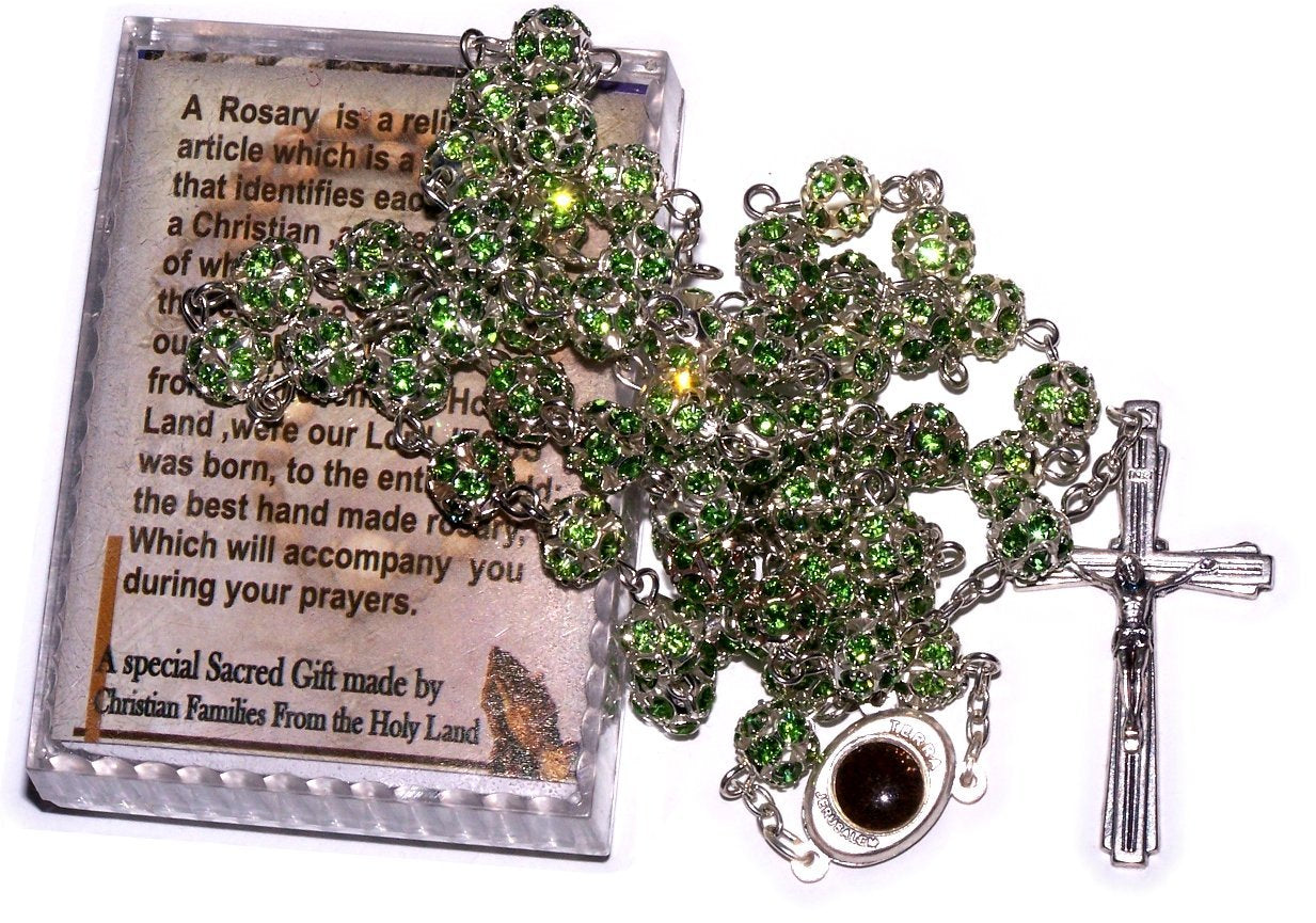 Multi Faceted Crystals Rosary - 8mm Crystal Rosary with Silver Tone Alpaka chain, Holy Land Soil and special Crucifix (Green)、mySite、topwebapps