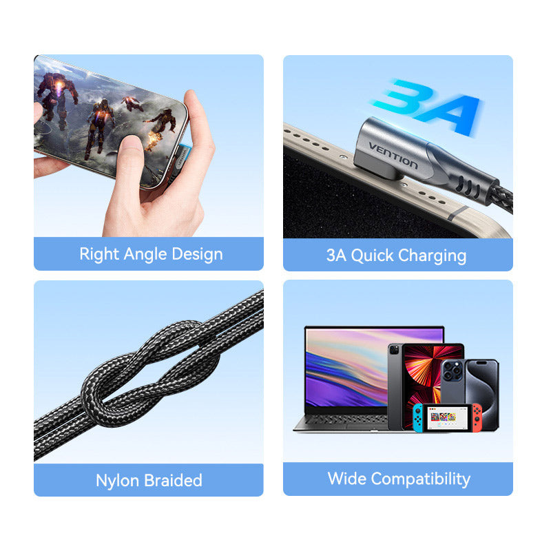 Vention USB 2.0 Type-C Male to Type-C Male Right Angle 3A Cable Aluminum Alloy Type、mySite、fannypackpong