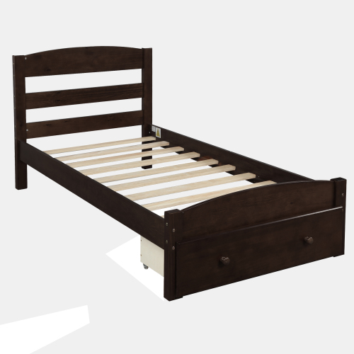 Platform Twin Bed Frame with Storage Drawer and Wood Slat Support No Box Spring Needed, Walnut、、casual