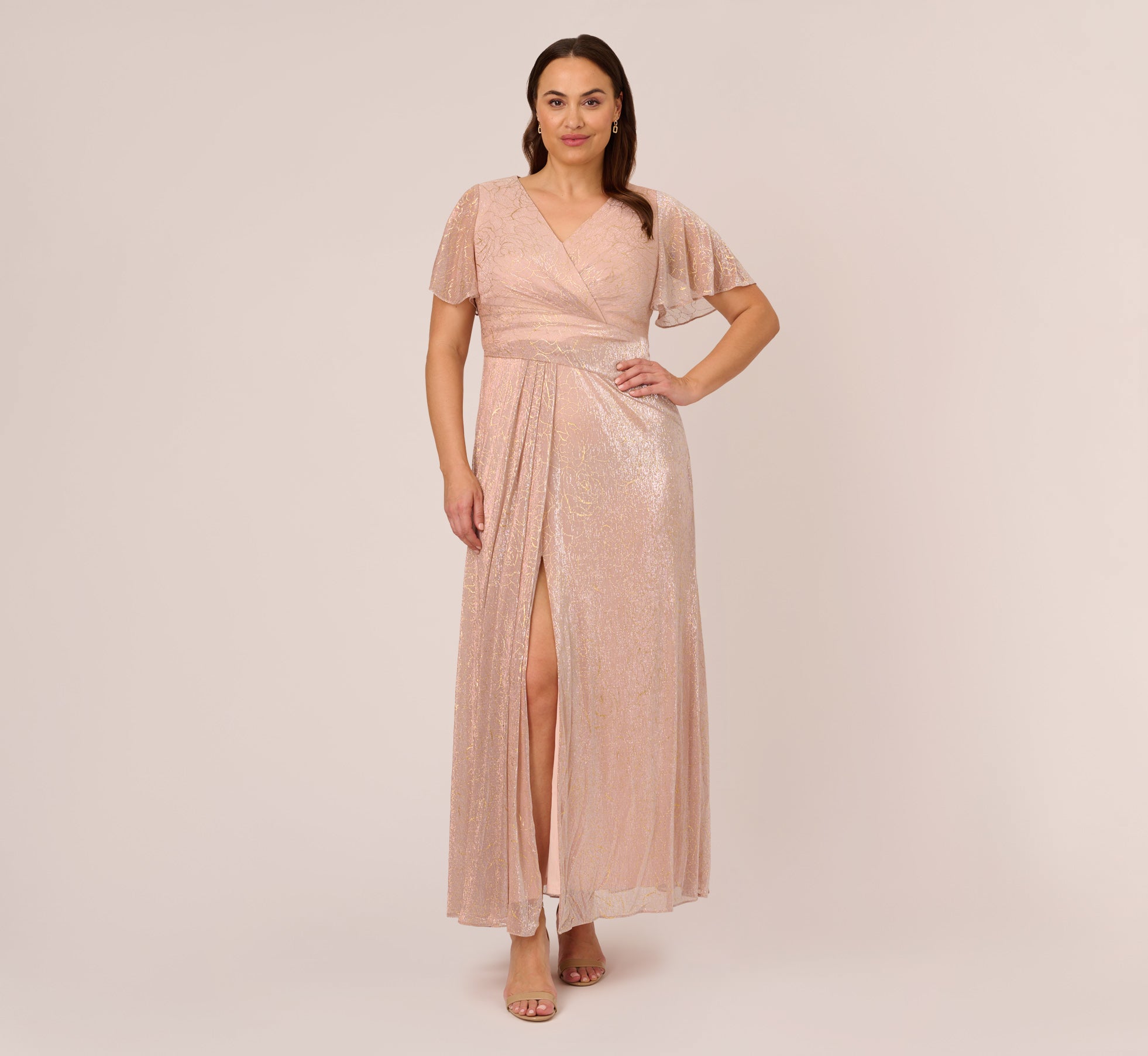 Plus Size Metallic Mesh Draped Gown In Rose Gold、mySite、solidvoid