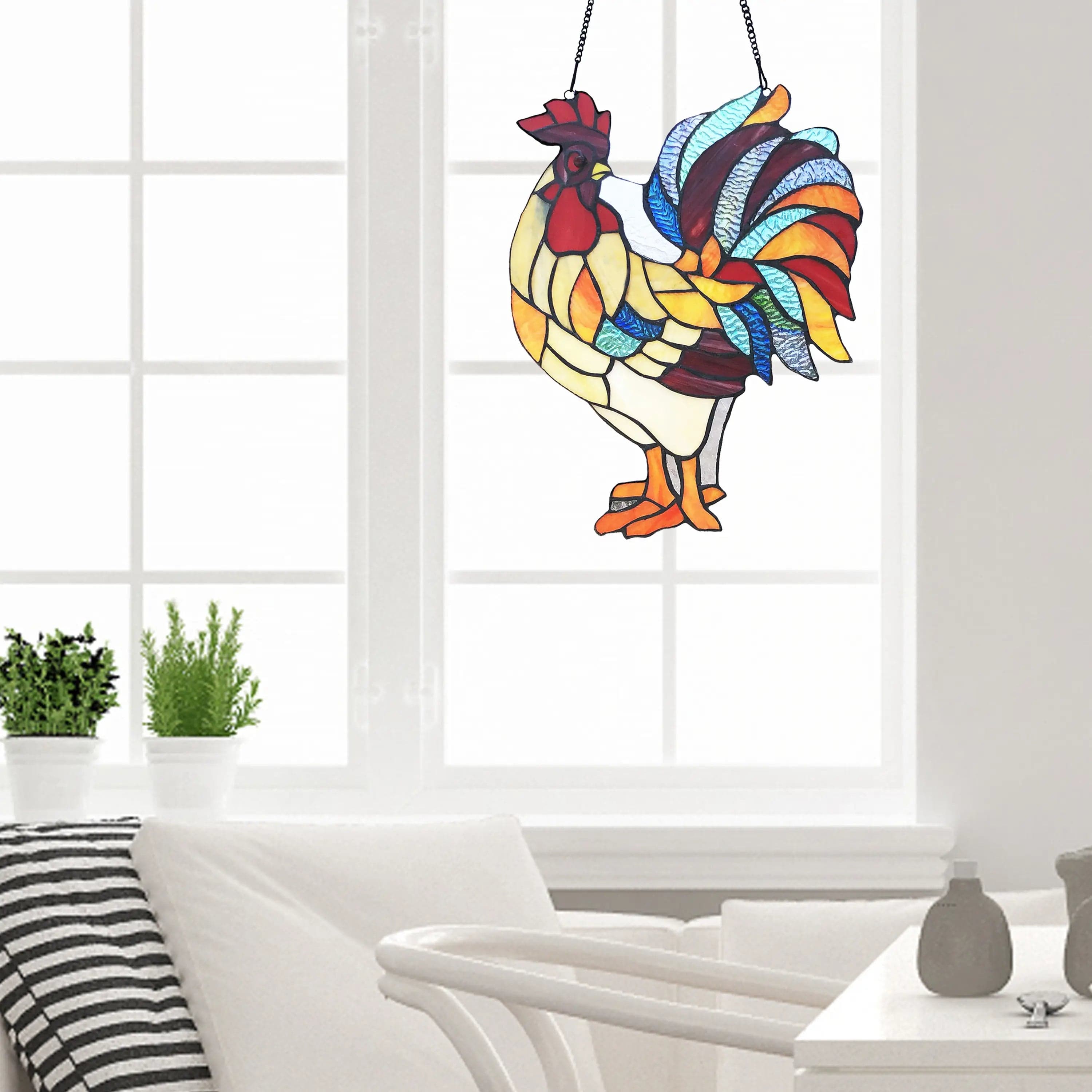 Rooster Tiffany Style Colorful Chicken Stained Glass Lamp or Hanging Panel、mySite、g9winljtr