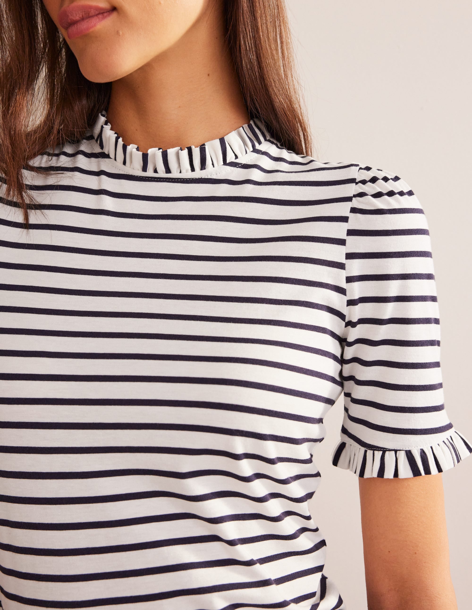  Supersoft Frill Detail T-shirt-Ivory, Navy Stripe、mySite、ashleygrahame