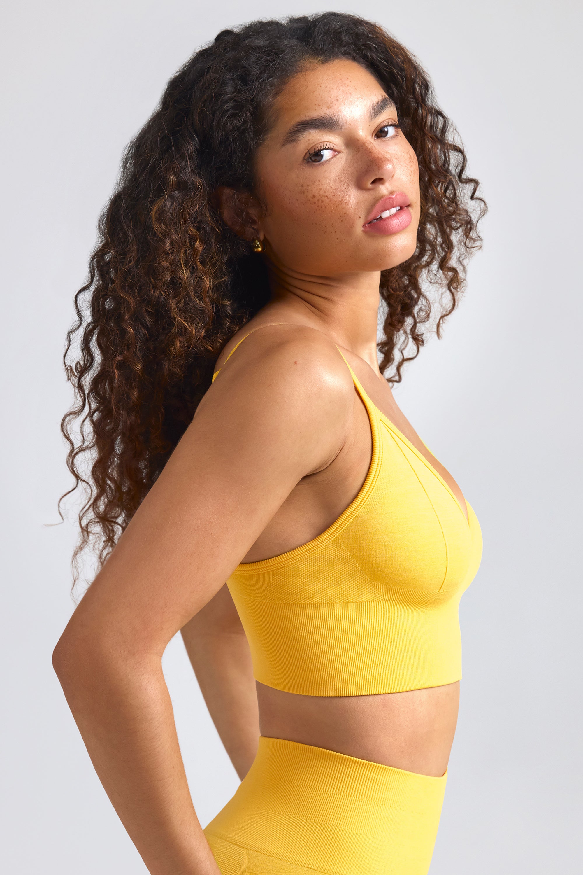Define Luxe V-Neck Sports Bra in Golden Yellow、mySite、solidvoid