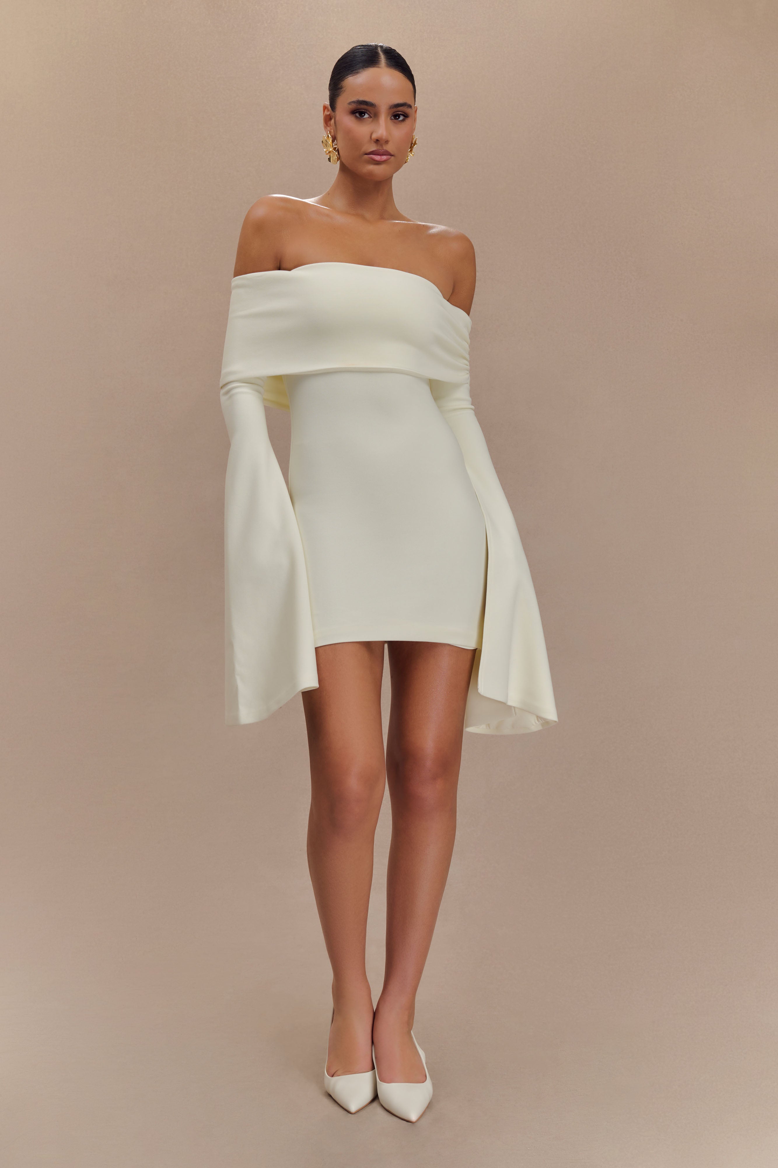 Dominique Off Shoulder Long Sleeve Mini Dress - Ivory、mySite、solidvoid