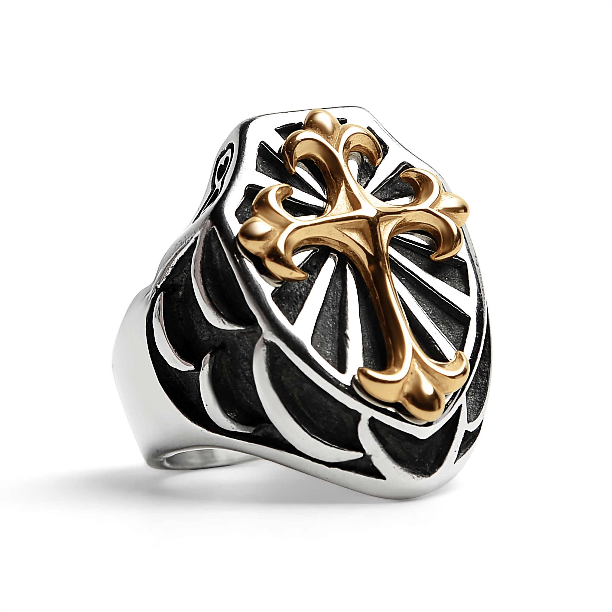 Stainless Steel 18K Gold PVD Coated Cross On Shield Signet Ring / SCR4091、mySite、dreamappss