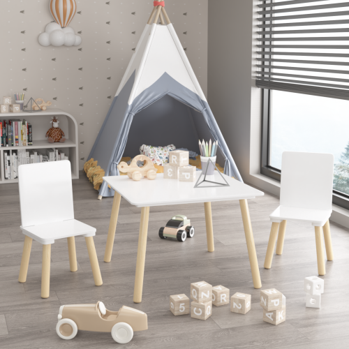 Kids Table and 2 Chairs Set, 3 Pieces Toddler Table and Chair Set, Wooden Activity Play Table Set (Lion&Monkey)、、casual