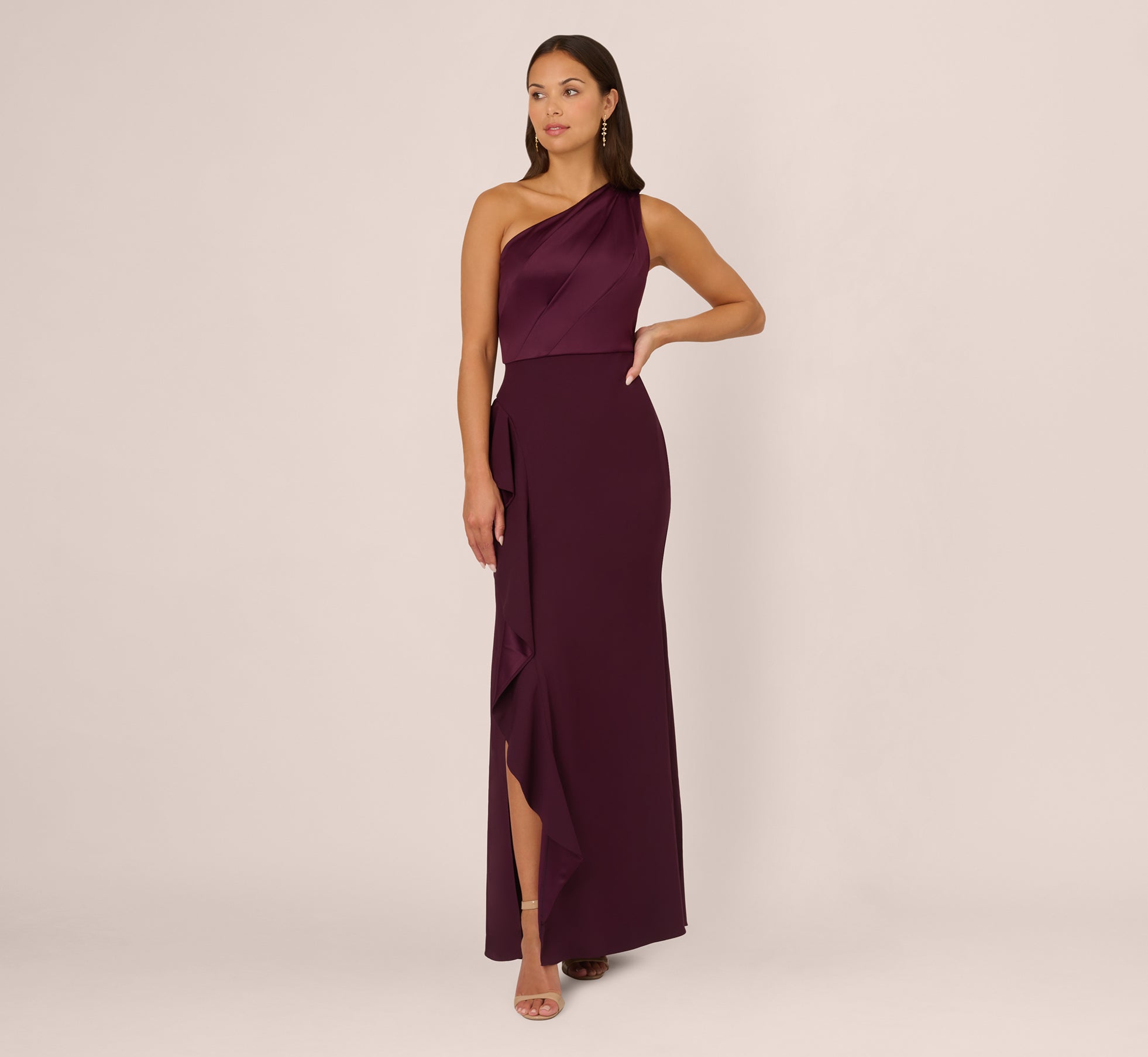 One-Shoulder Long Satin Crepe Mermaid Gown In Bordeaux Glow、mySite、solidvoid