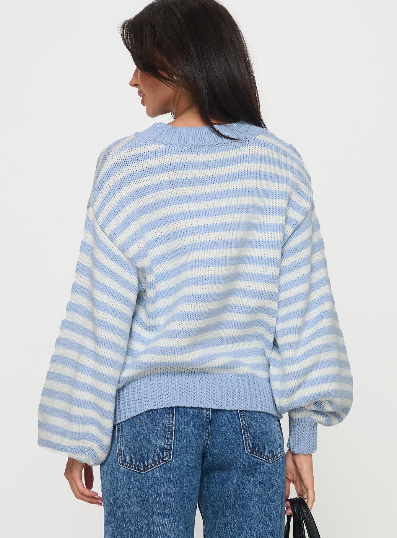 Harmony Balloon Sleeve Knit Sweater Blue / White Stripe、mySite、solidvoid