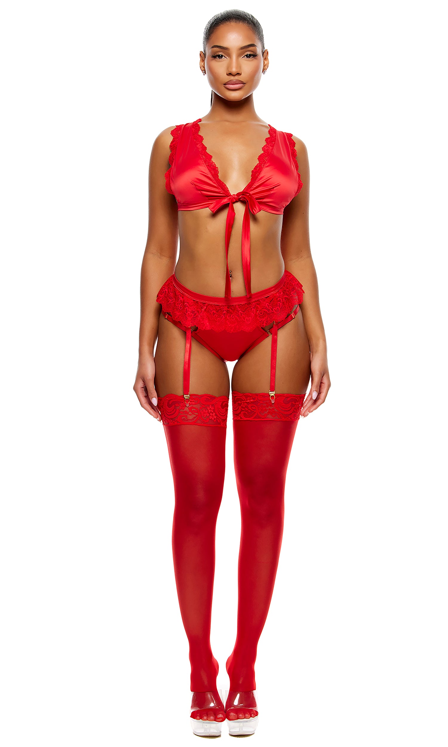 No Strings Attached Satin and Mesh Lace Trim Bra and Garter Belt Lingerie Set - Red、mySite、bengalsvssteelers