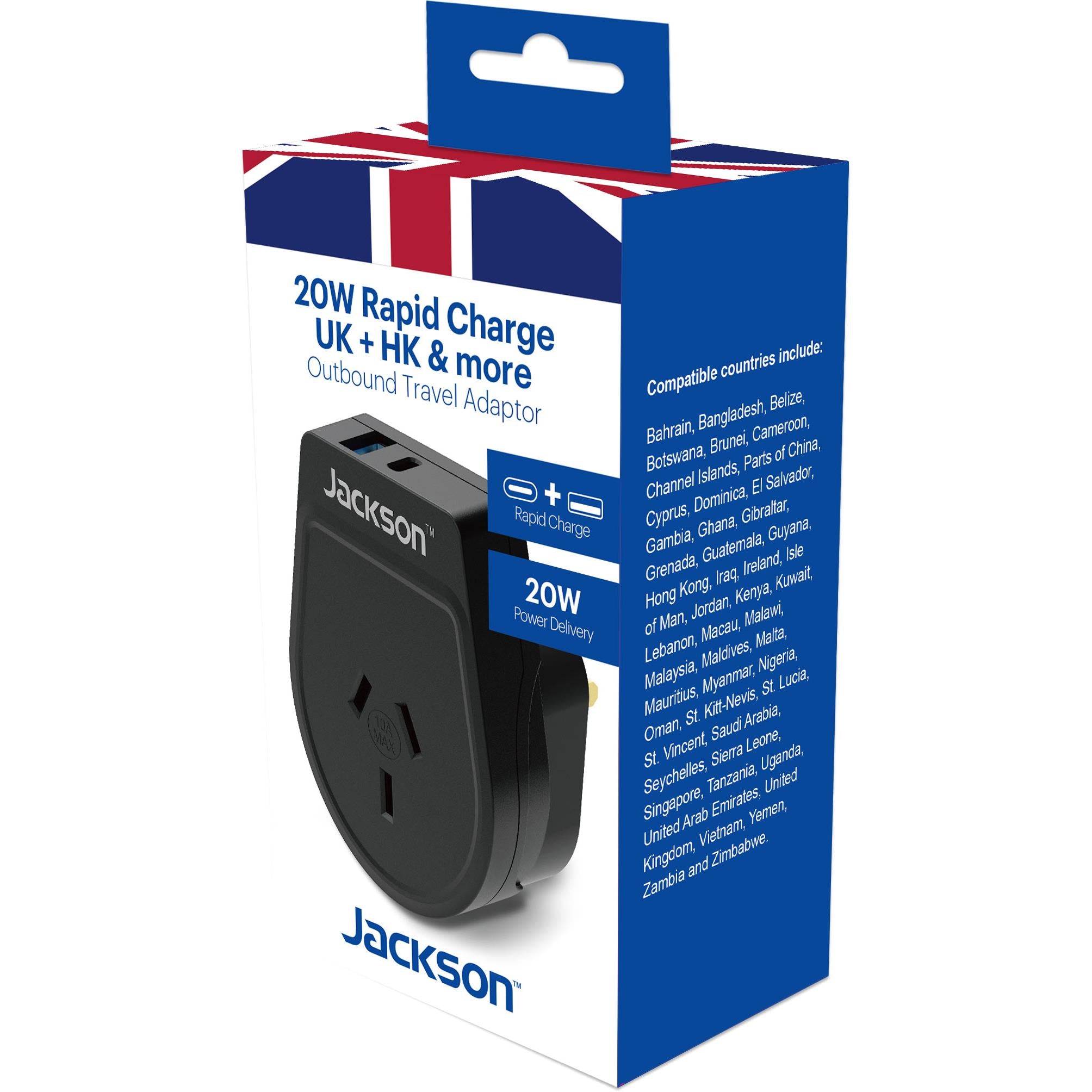 Jackson Outbound 20W Travel Adapter UK & Hong Kong with USB-A/C、mySite、camillekostekn