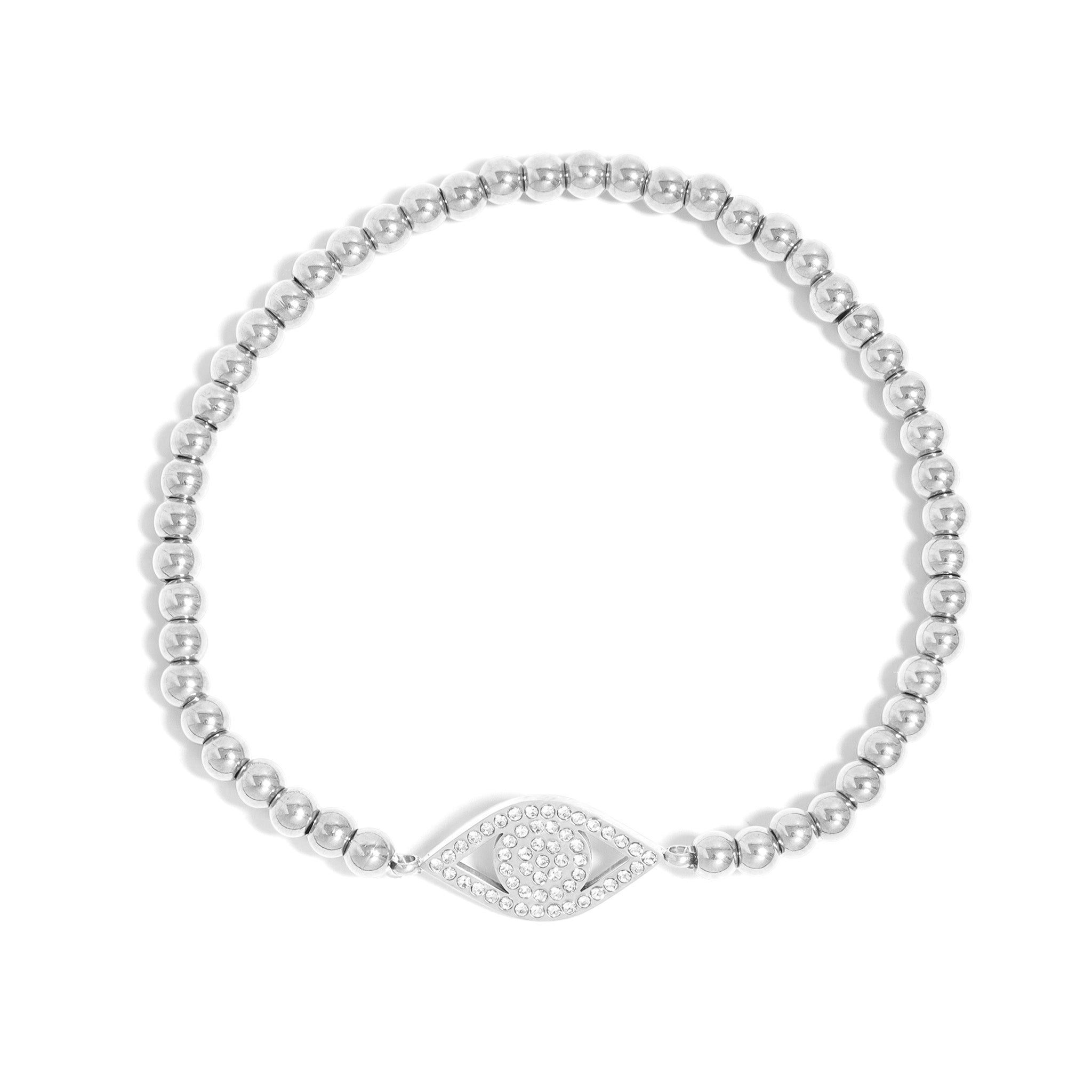 18K Gold PVD Stainless Steel Stone Evil Eye Metal Beaded Stretch Bracelet / BRJ1018、mySite、dreamappss