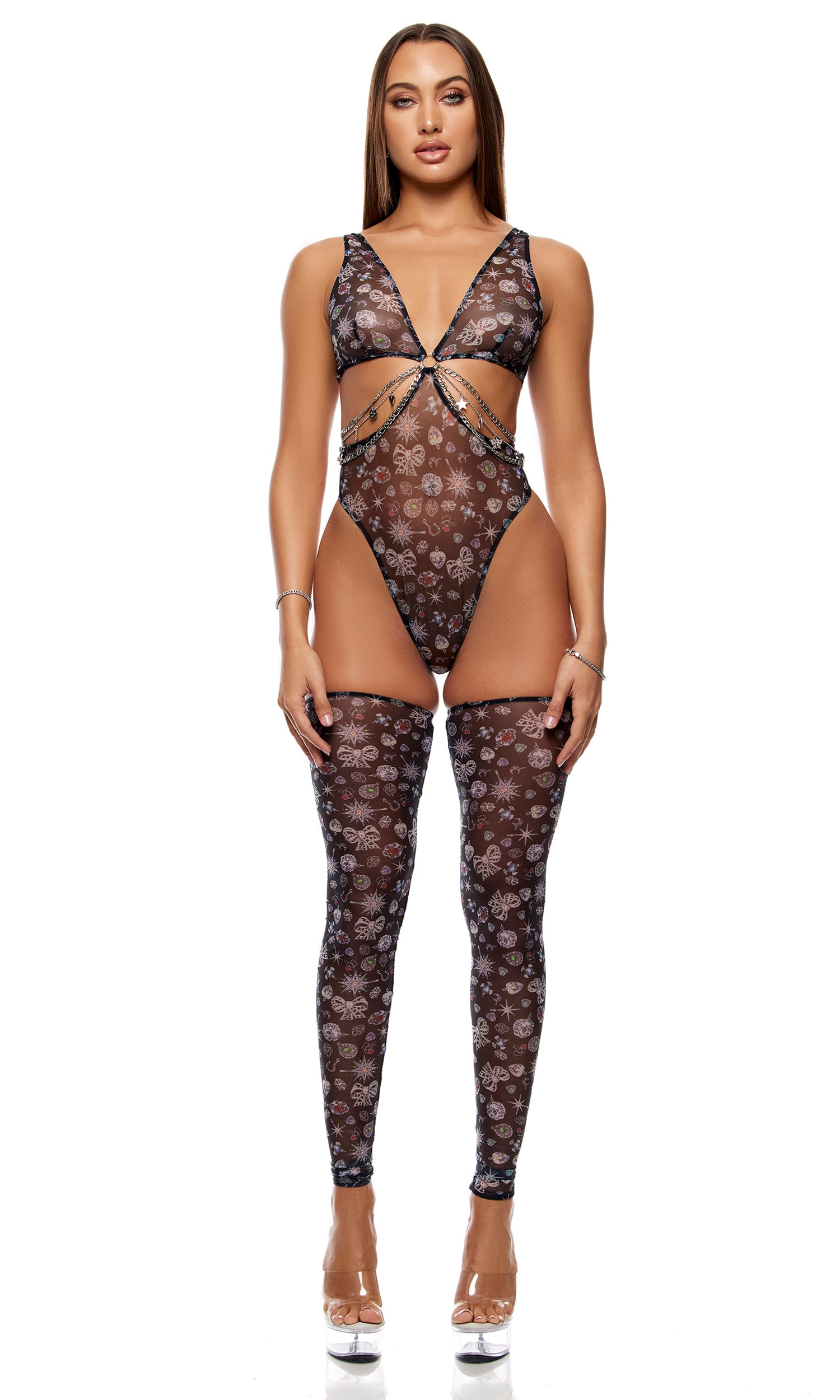 Sheer Charm Mesh and Chains Teddy Lingerie Set - Black、mySite、bengalsvssteelers