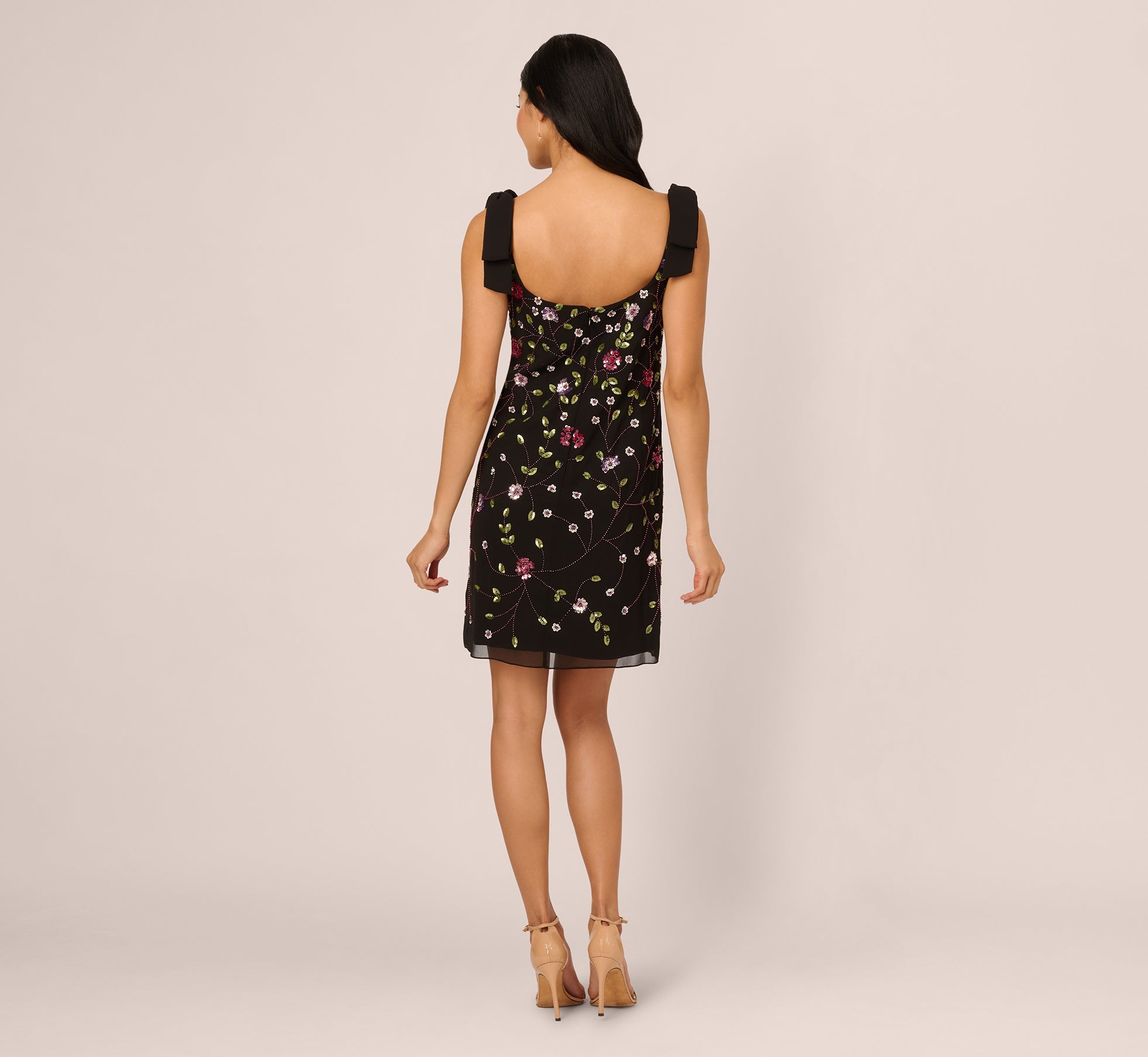 Bow Shoulder Floral Beaded Sheath Dress In Black Multi、mySite、solidvoid