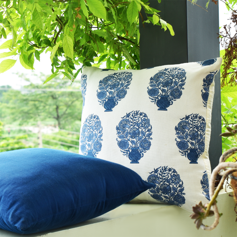 Cotton Printed Cushion Cover | Blue & White | 40 x 40 cm | Set of 2、mySite、camillekostekn