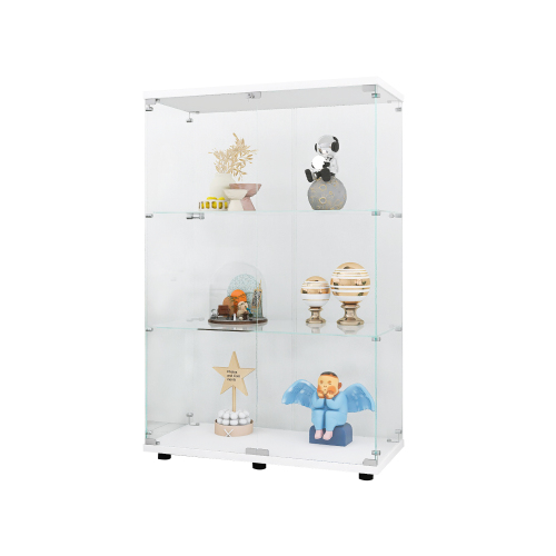 Two-door Glass Display Cabinet 3 Shelves with Door, Floor Standing Curio Bookshelf for Living Room Bedroom Office, 49.3"*31.7"*14.3", White、、casual