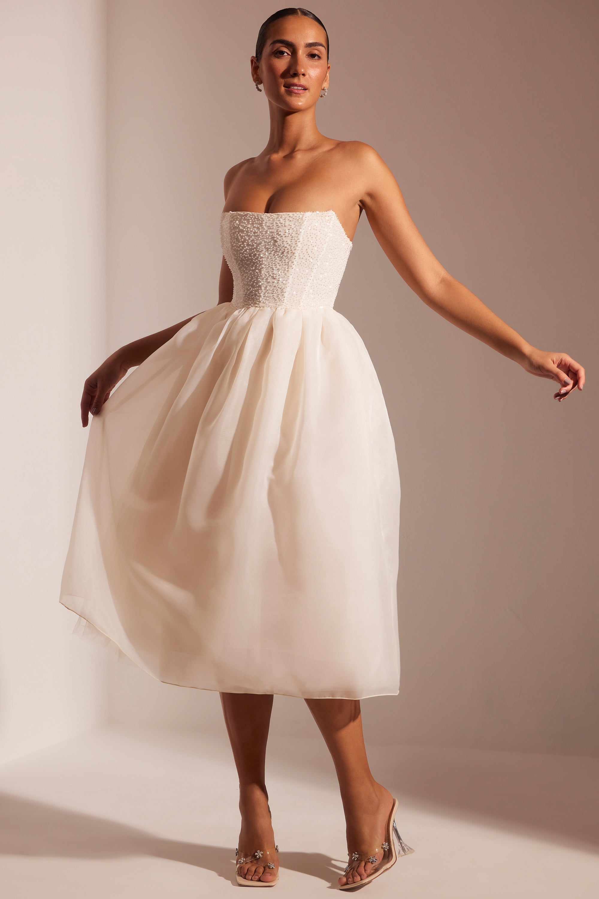 Embellished Corset Tulle Skirt Midi Dress in Ivory、mySite、solidvoid