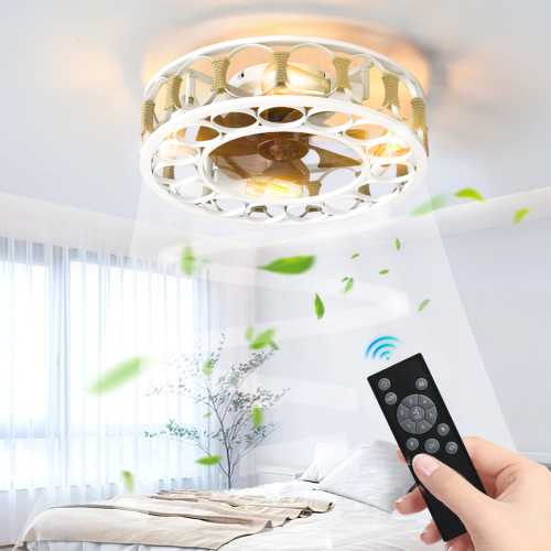 Caged Ceiling Fan with Lights Remote Control, Low Profile Flush Mount Farmhouse Modern Ceiling fans, 6 Speeds Reversible Blades, 5 LED Bulbs Include(Black)、、eastwooduniform