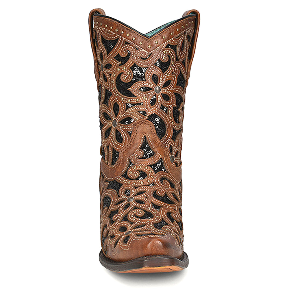 Tan Glitter Inlay Studded Snip Toe Cowboy Booties、mySite、gtrtttuynbv