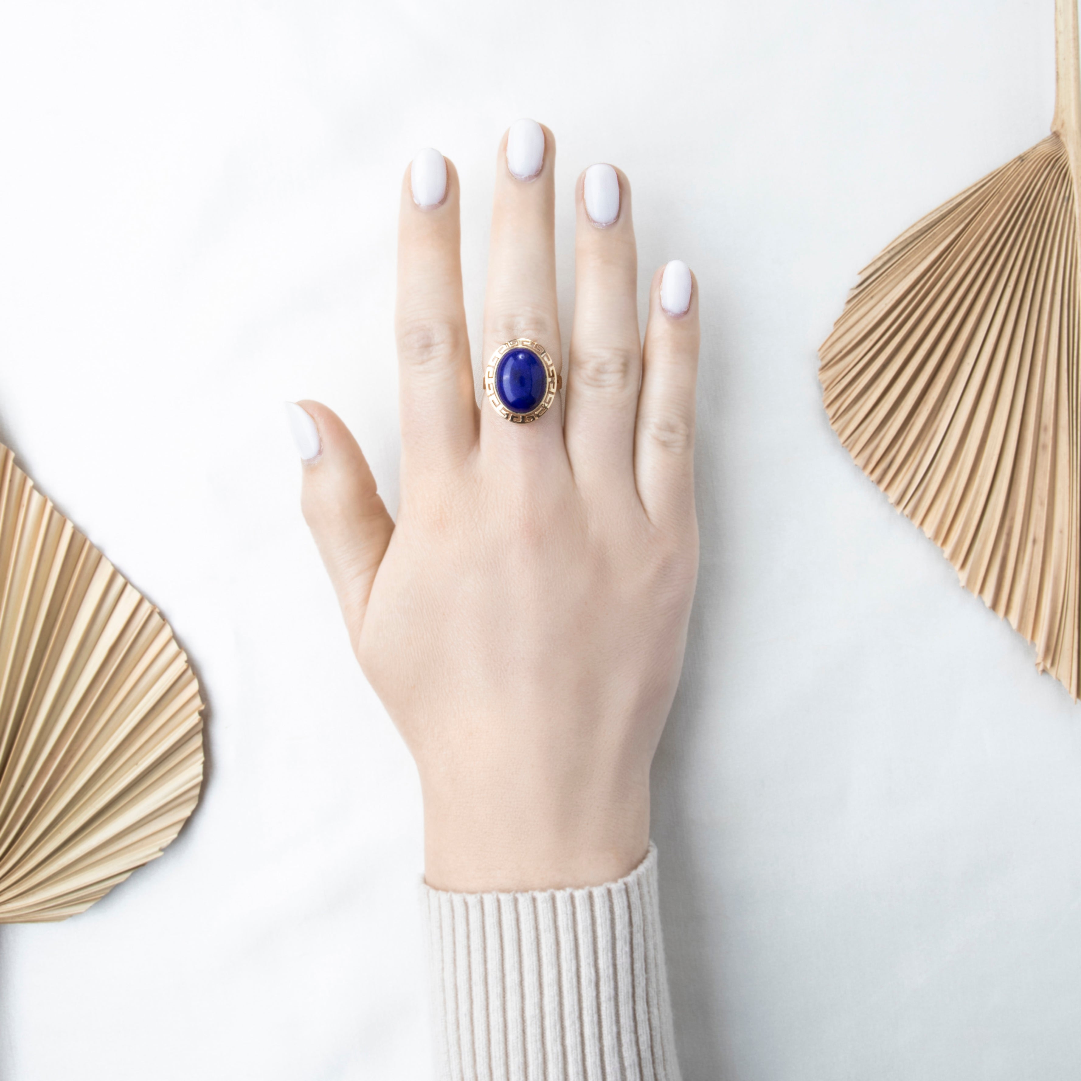 Vintage 14k Yellow Gold 6.8ct Lapis Lazuli Greek Key Border Cocktail Ring 8.25、mySite、hinf8tx79