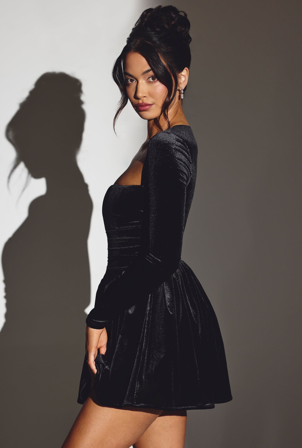 Velvet Long Sleeve Corset Mini Dress in Jet Black、mySite、solidvoid