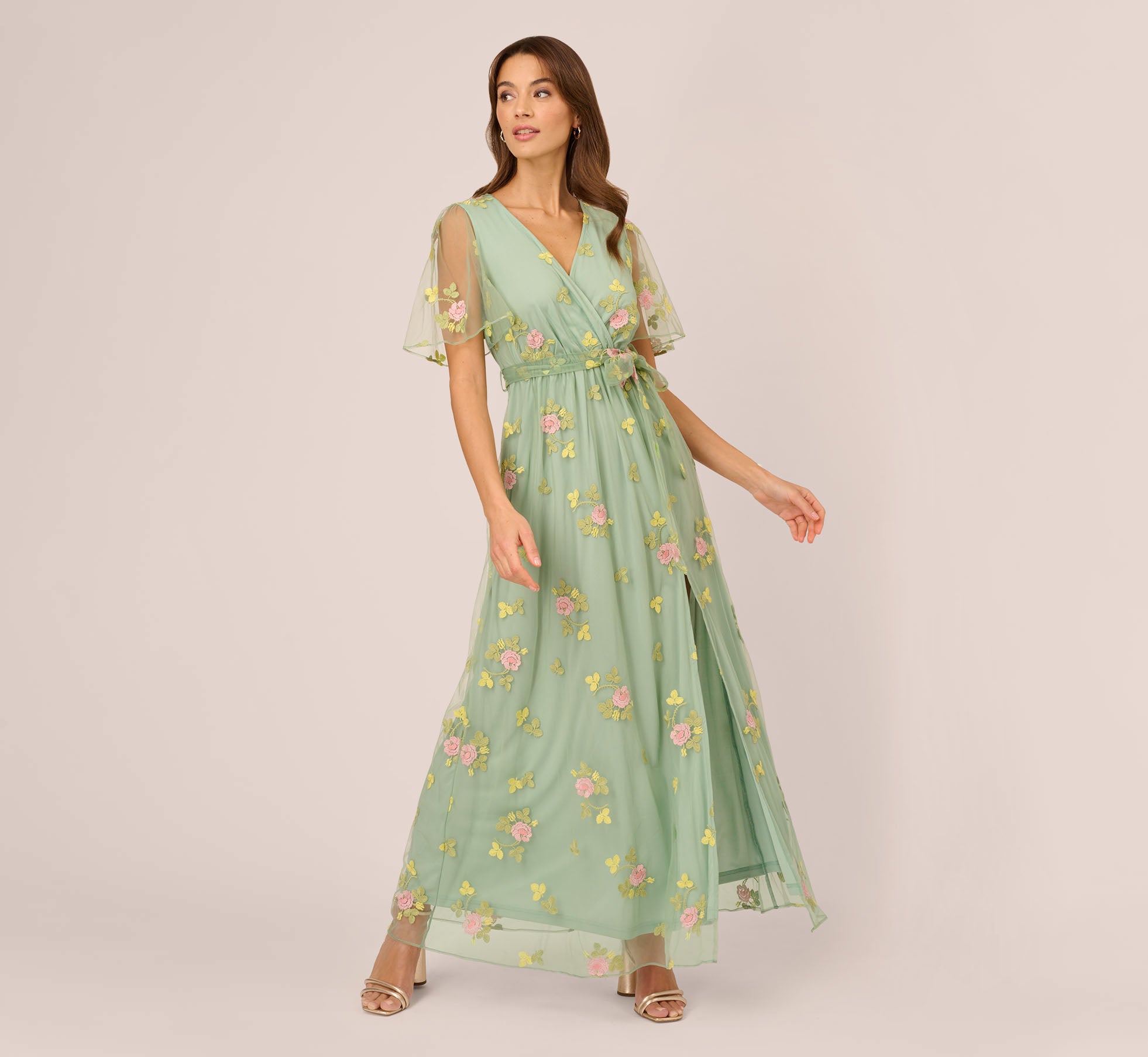 Floral Embroidered Maxi Dress With Sheer Flutter Sleeves In Sage Multi、mySite、solidvoid