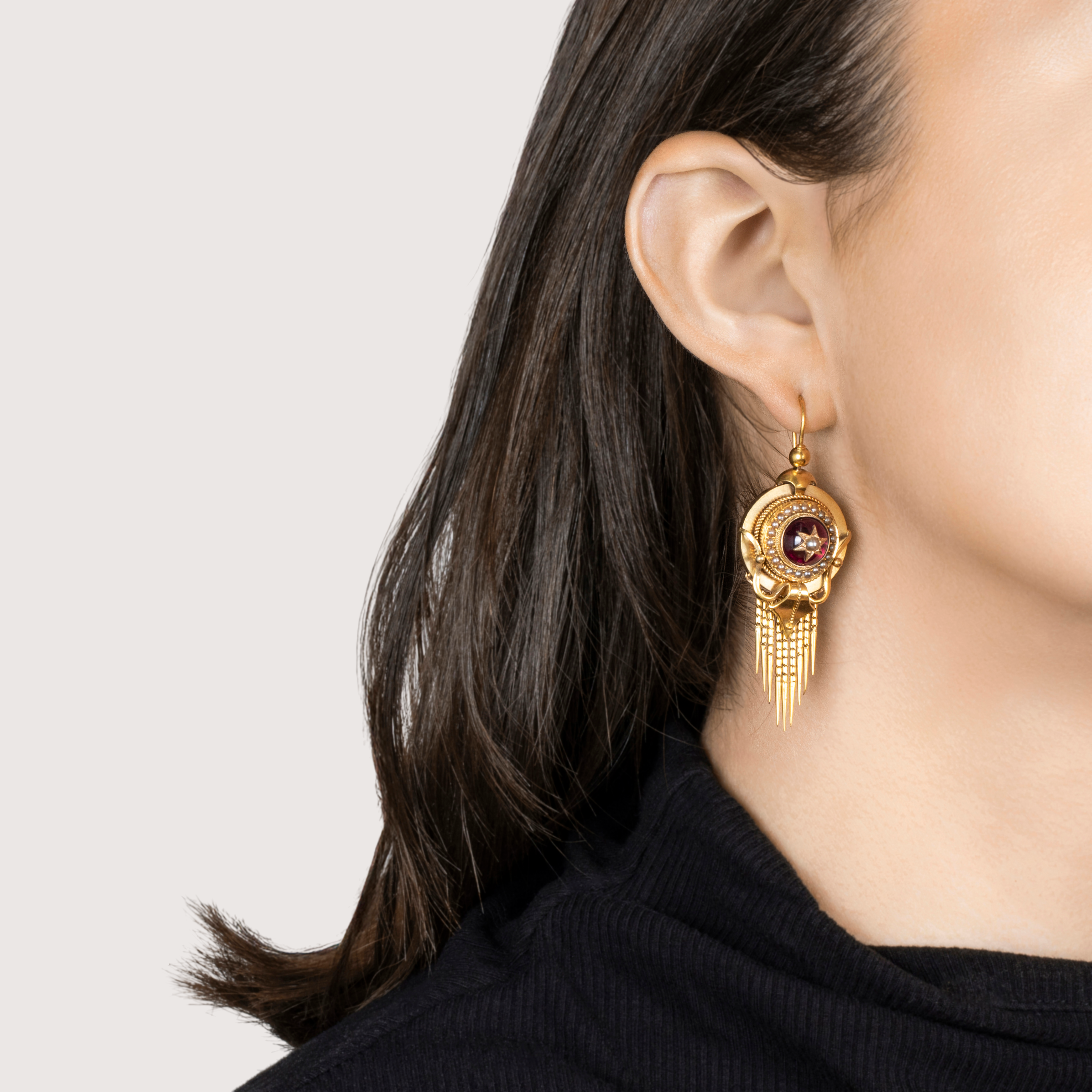 Antique Victorian 14k Yellow Gold 6.24cttw Garnet Pearl Fringed Beauty Earrings、mySite、hinf8tx79