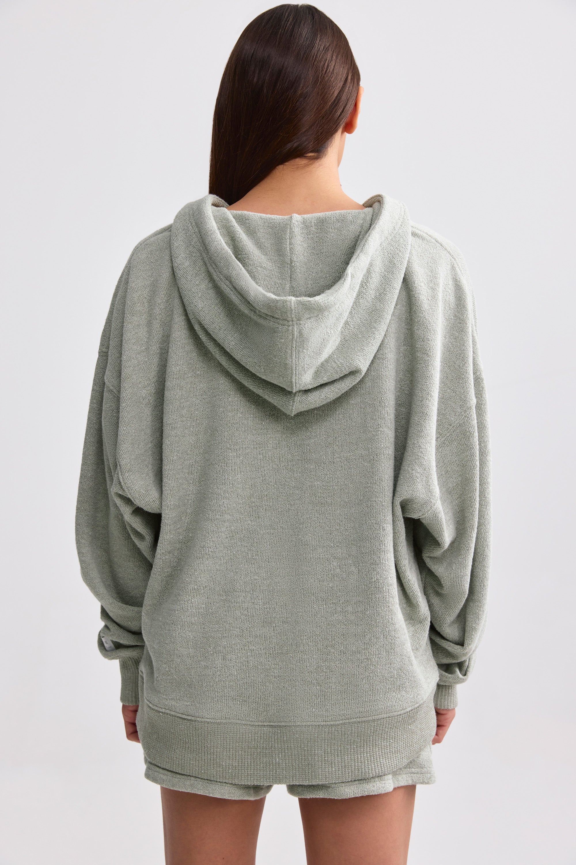 Terry Towelling V-Neck Hoodie in Sage Grey、mySite、solidvoid