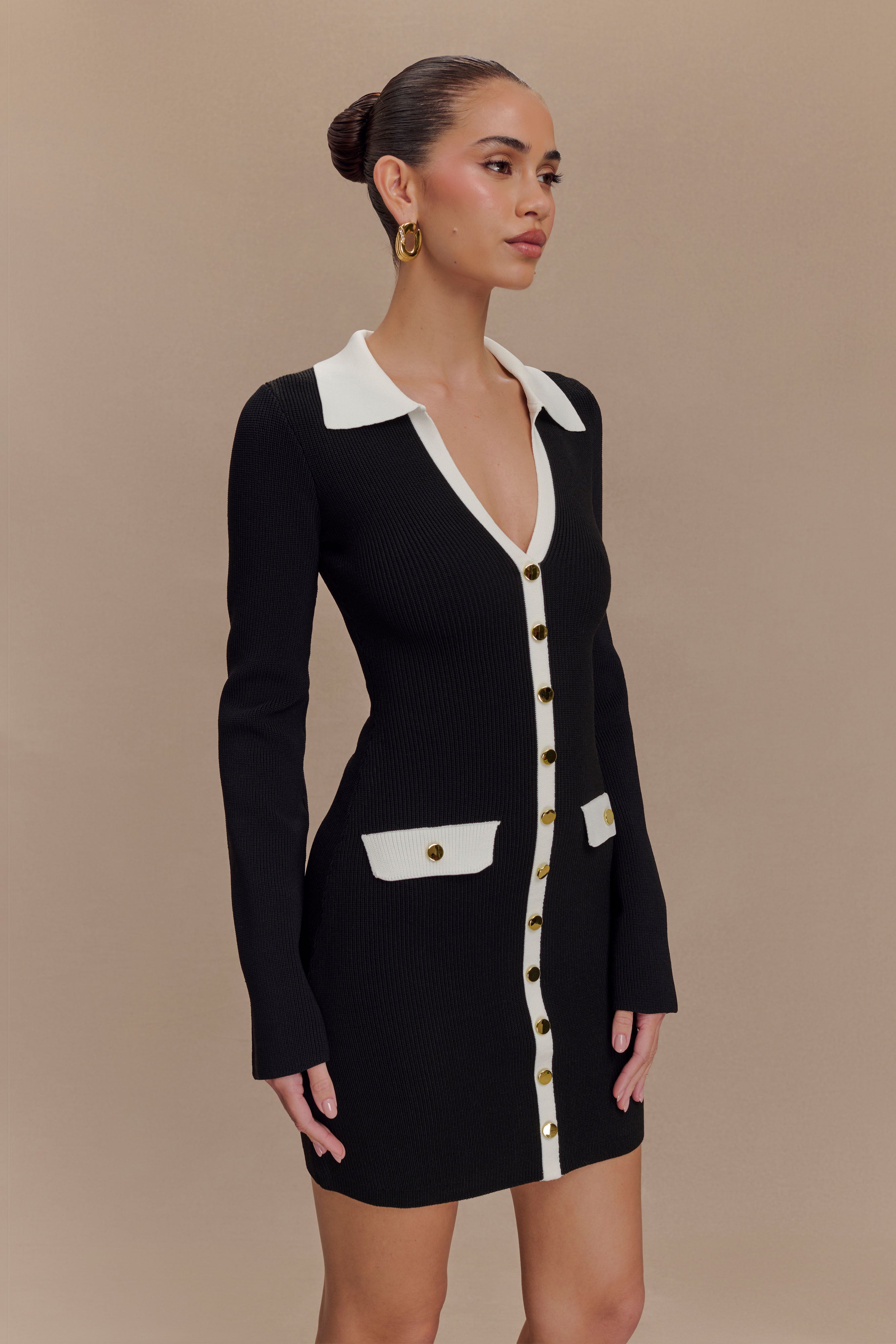 Wrenley Long Sleeve Knit Mini Dress - Black/White、mySite、solidvoid